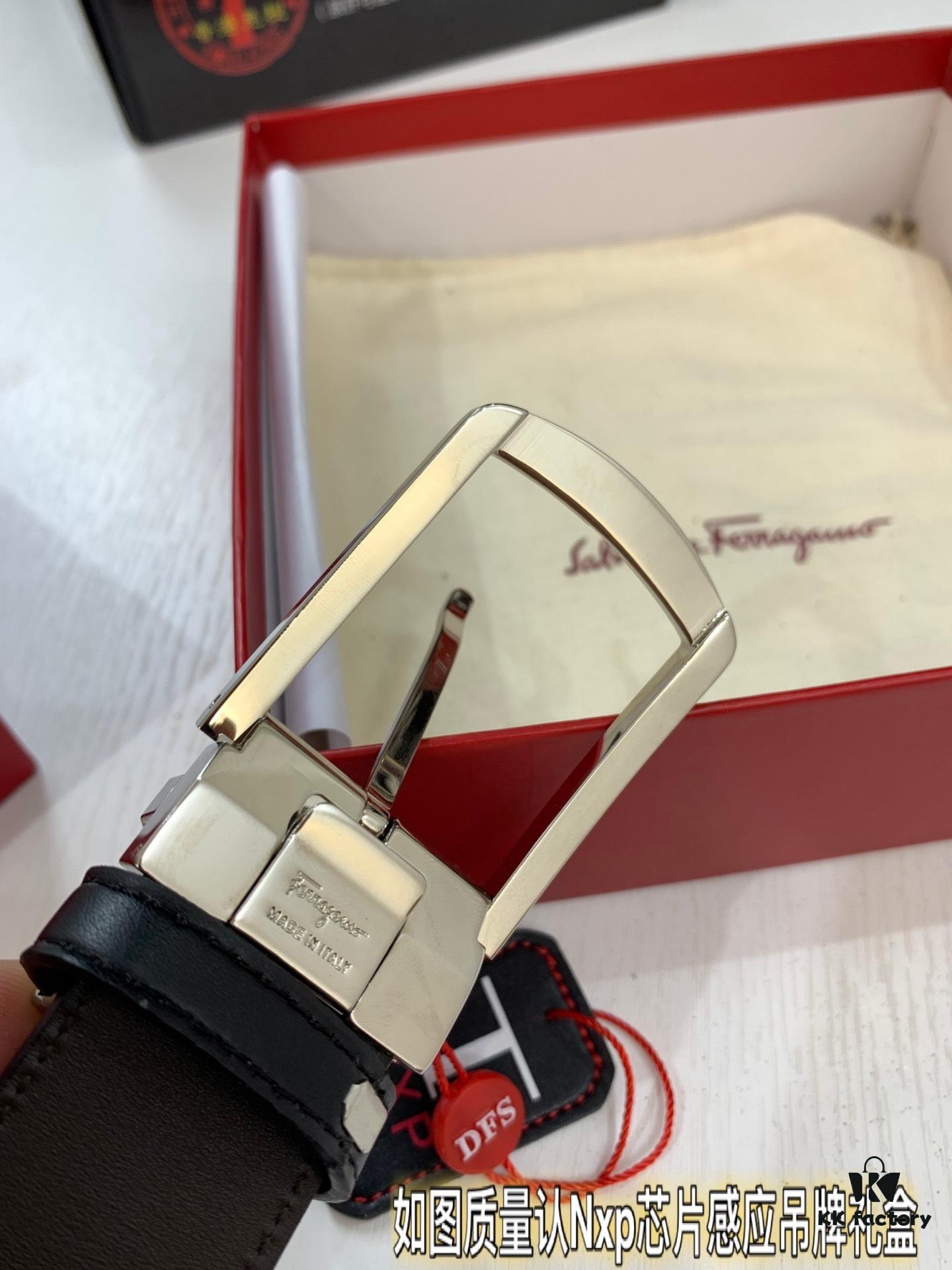 Salvatore Ferragamo Men's Belt, Genuine Top Grain Cowhide, Reversible Design, 3.5cm Width, Stainless Steel '8' Pin Buckle, Adjustable Length, Ideal Gift