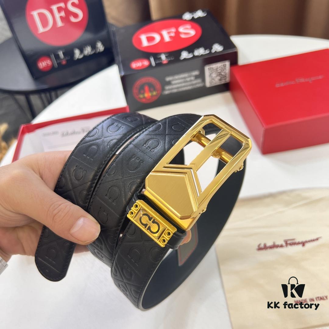 Salvatore Ferragamo Men's Automatic Belt, Top-Quality Genuine Leather with Steel Hardware, 3.5cm Width, '8' Weave Design