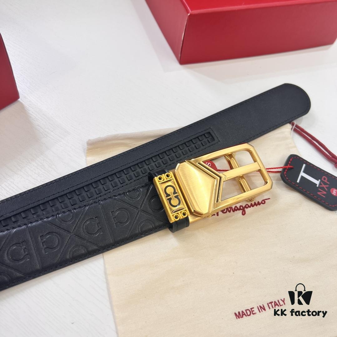 Salvatore Ferragamo Men's Automatic Belt, Top-Quality Genuine Leather with Steel Hardware, 3.5cm Width, '8' Weave Design