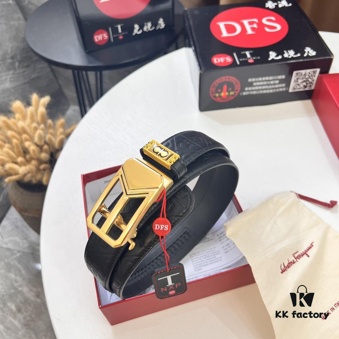 Salvatore Ferragamo Men's Automatic Belt, Top-Quality Genuine Leather with Steel Hardware, 3.5cm Width, '8' Weave Design