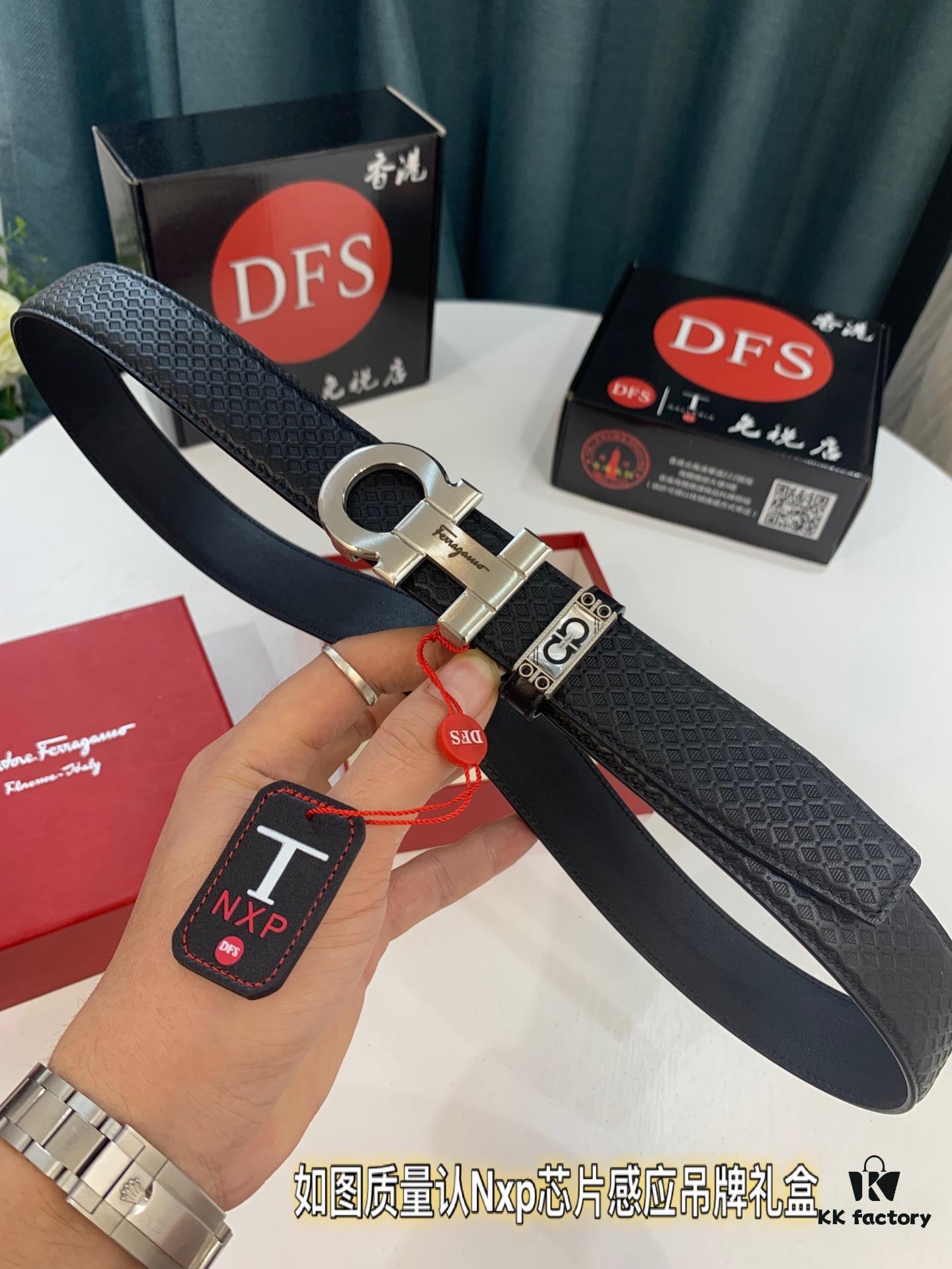 Arrival 🎺🎺 Authentic Shot, Ferragamo Men's Automatic Belt, ZP Mould Design, 8-Shaped Beveled Pattern with Stainless Steel Hardware, Business Belt, Imported Small Ferragamo Mesh Pattern Top-Grain Calfskin, Automatic Tooth Adjustment, 3.5 cm Width