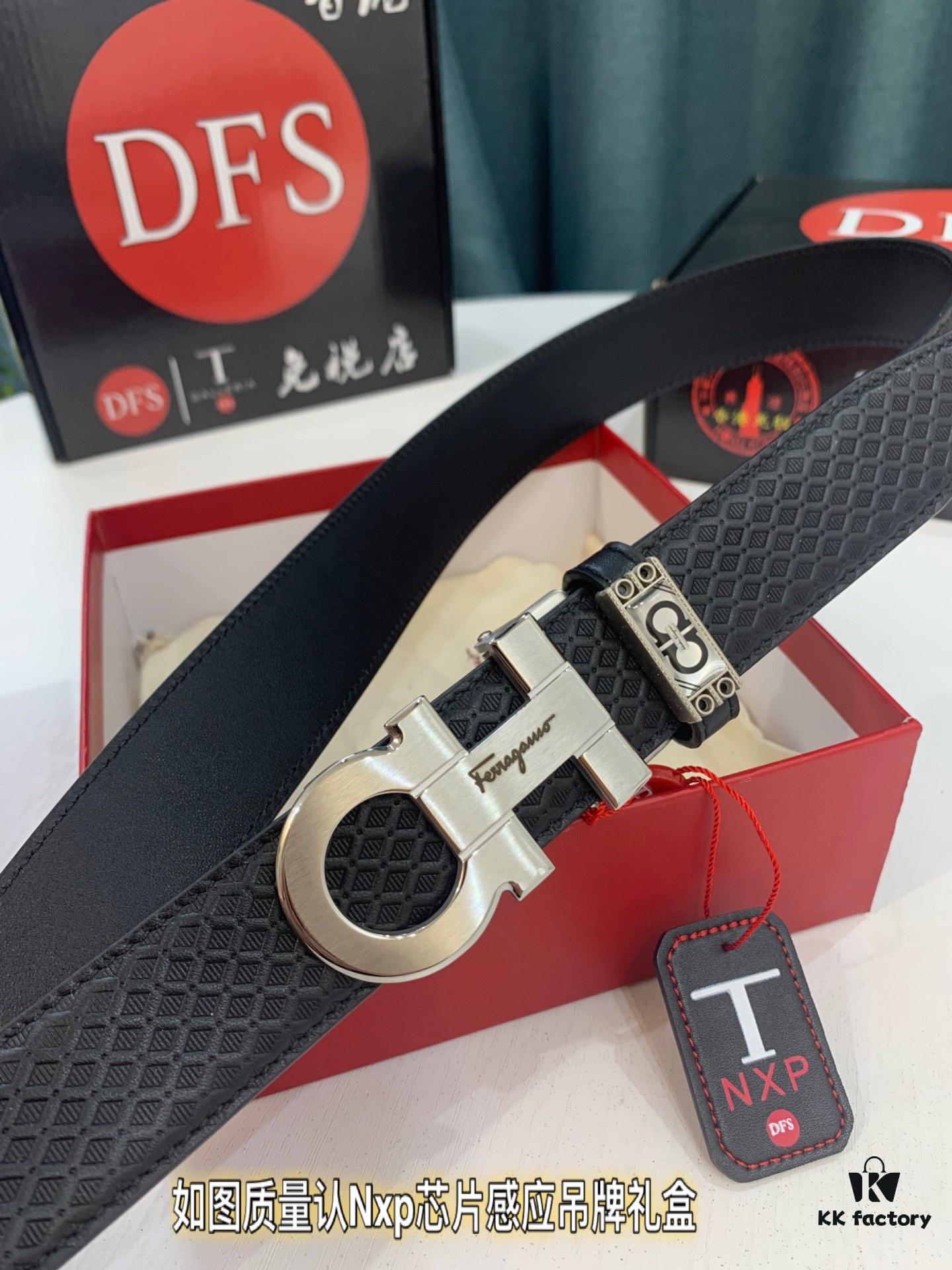 Arrival 🎺🎺 Authentic Shot, Ferragamo Men's Automatic Belt, ZP Mould Design, 8-Shaped Beveled Pattern with Stainless Steel Hardware, Business Belt, Imported Small Ferragamo Mesh Pattern Top-Grain Calfskin, Automatic Tooth Adjustment, 3.5 cm Width