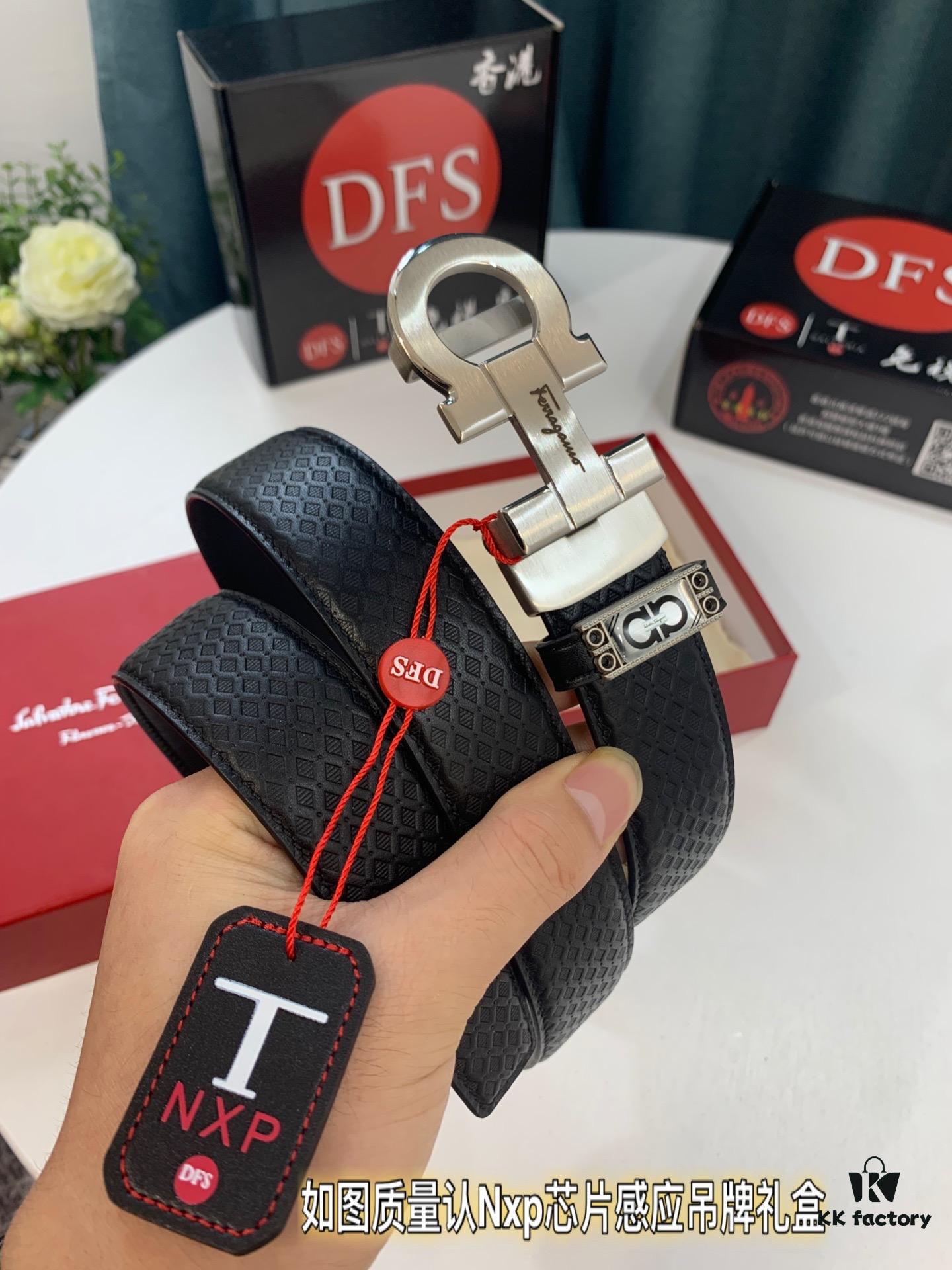 Arrival 🎺🎺 Authentic Shot, Ferragamo Men's Automatic Belt, ZP Mould Design, 8-Shaped Beveled Pattern with Stainless Steel Hardware, Business Belt, Imported Small Ferragamo Mesh Pattern Top-Grain Calfskin, Automatic Tooth Adjustment, 3.5 cm Width