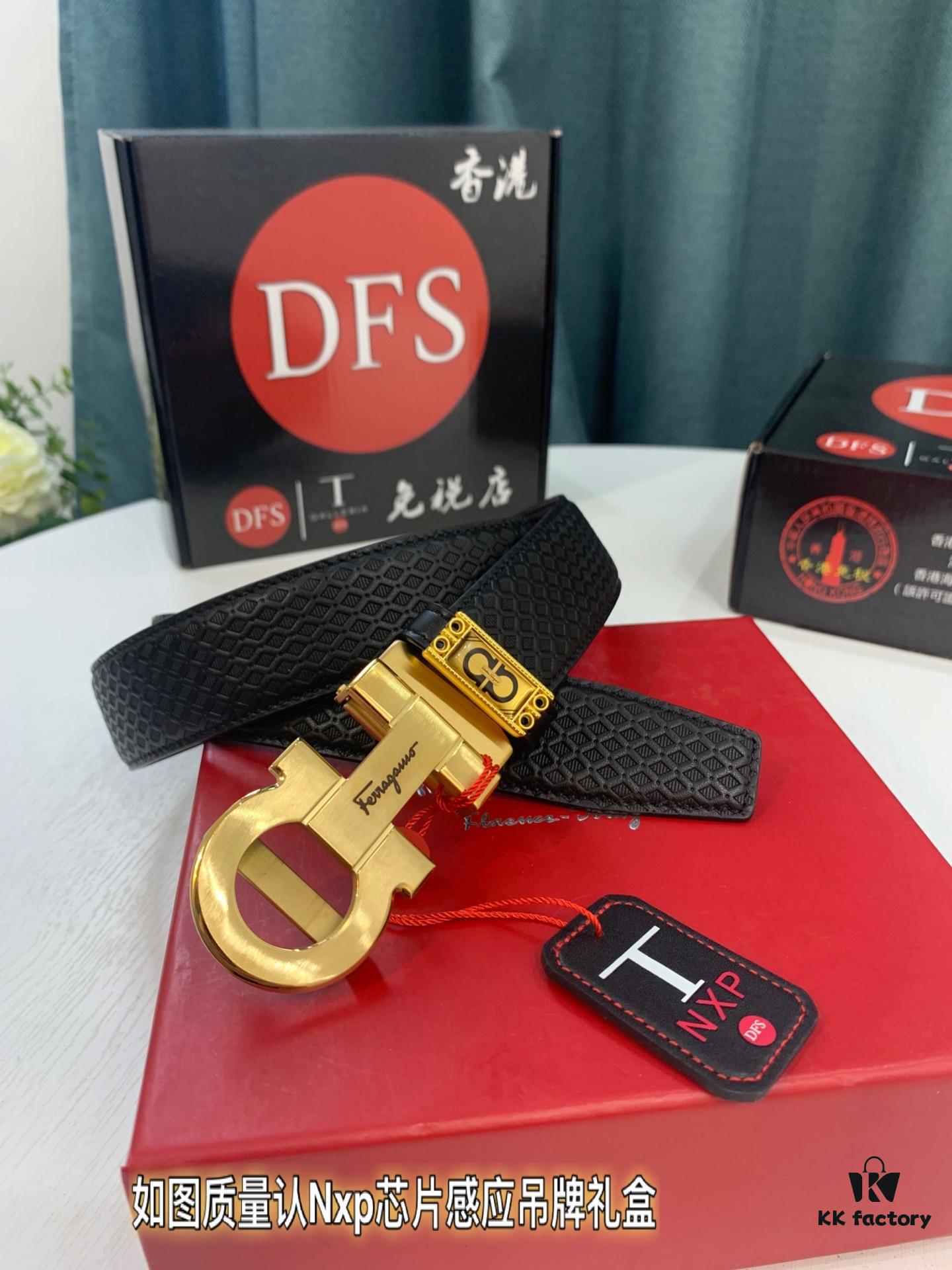 Arrival 🎺🎺 Authentic Photography, Ferragamo Automatic Series Men's Belt, ZP Molded 8-Shaped Beveled Pattern with Stainless Steel Hardware, Business Belt, Imported Small Ferragamo Mesh Pattern Top-Grain Calfskin, Automatic Tooth Adjustment, Width 3.5 cm