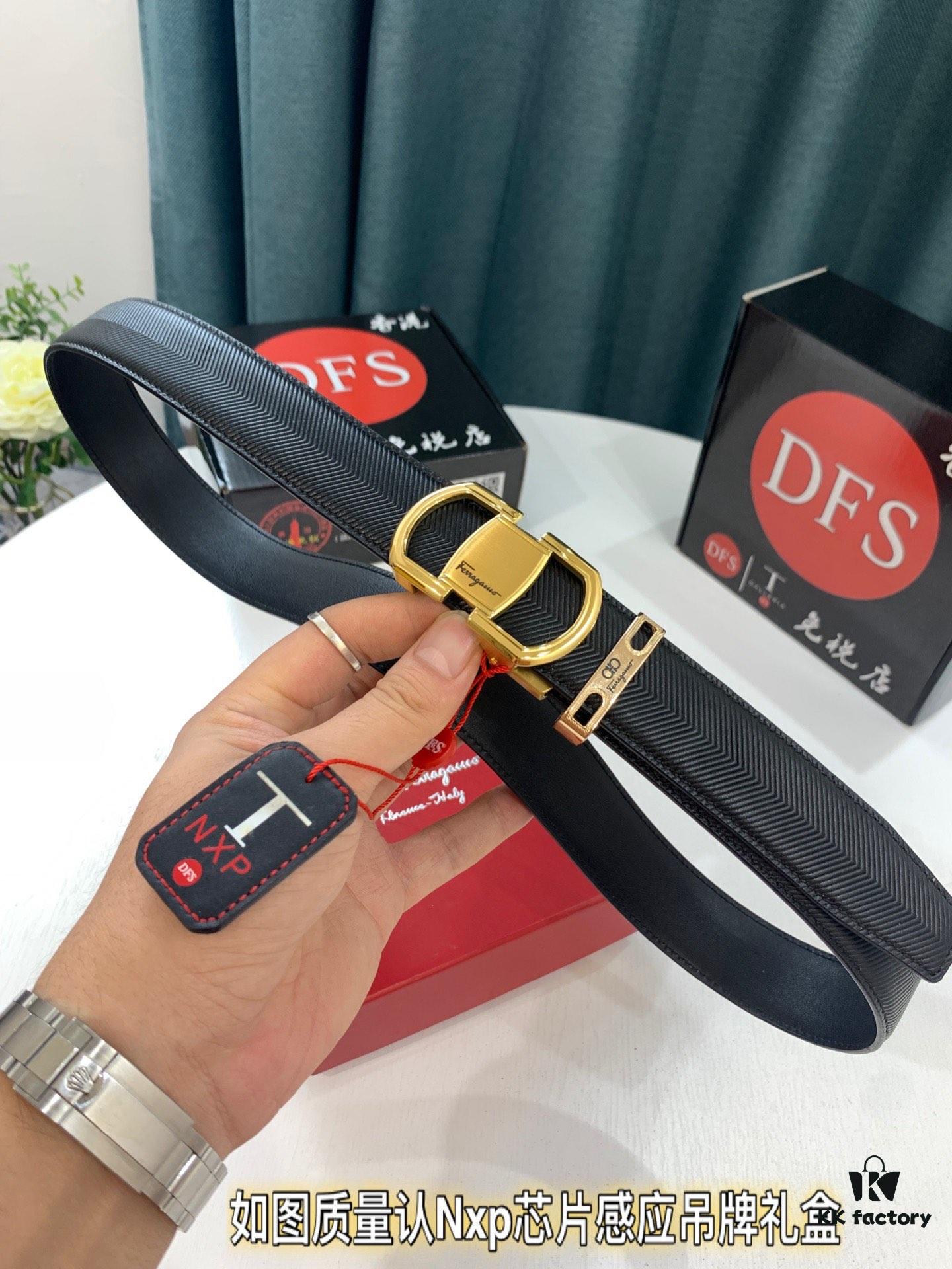 Arrival 🎺🎺 Authentic Shot, Ferragamo Men's Automatic Series Leather Belt, ZP Molded 8-Shaped Weave with Stainless Steel Hardware, Business Belt, Imported Top-Grade Calfskin with Ferragamo Arrow Pattern, Automatic Buckle, 3.5 cm Width