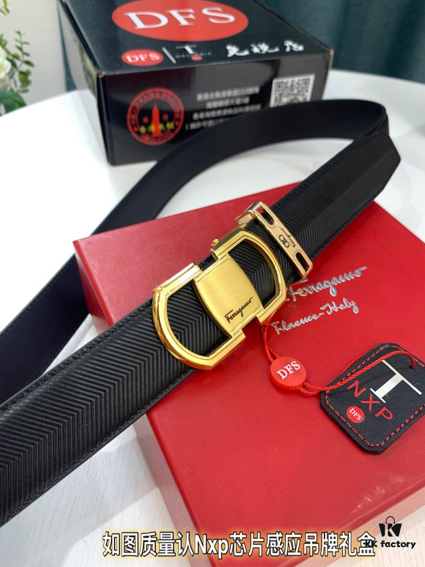Arrival 🎺🎺 Authentic Shot, Ferragamo Men's Automatic Series Leather Belt, ZP Molded 8-Shaped Weave with Stainless Steel Hardware, Business Belt, Imported Top-Grade Calfskin with Ferragamo Arrow Pattern, Automatic Buckle, 3.5 cm Width
