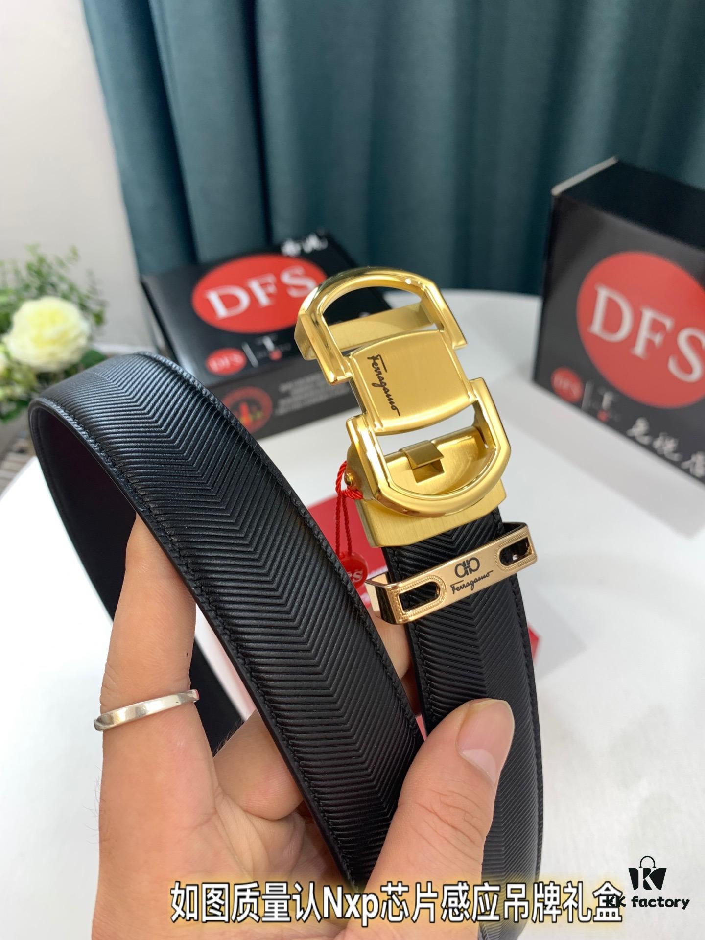 Arrival 🎺🎺 Authentic Shot, Ferragamo Men's Automatic Series Leather Belt, ZP Molded 8-Shaped Weave with Stainless Steel Hardware, Business Belt, Imported Top-Grade Calfskin with Ferragamo Arrow Pattern, Automatic Buckle, 3.5 cm Width