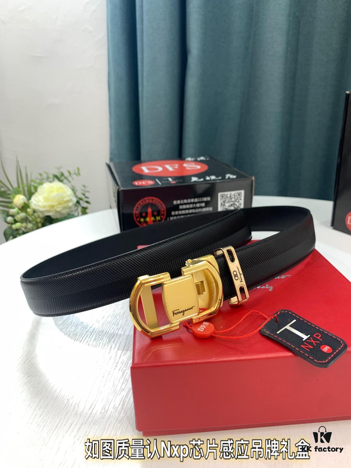 Arrival 🎺🎺 Authentic Shot, Ferragamo Men's Automatic Series Leather Belt, ZP Molded 8-Shaped Weave with Stainless Steel Hardware, Business Belt, Imported Top-Grade Calfskin with Ferragamo Arrow Pattern, Automatic Buckle, 3.5 cm Width