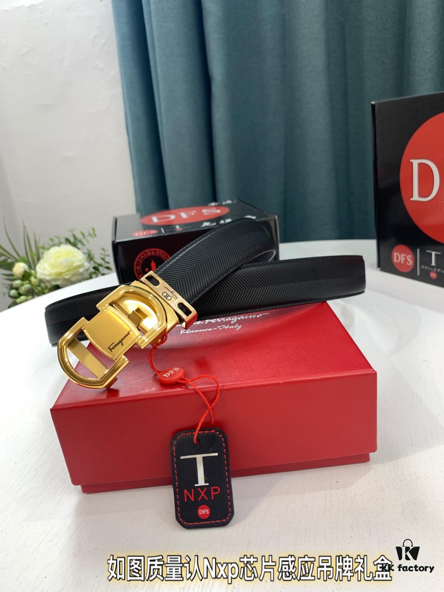 Arrival 🎺🎺 Authentic Shot, Ferragamo Men's Automatic Series Leather Belt, ZP Molded 8-Shaped Weave with Stainless Steel Hardware, Business Belt, Imported Top-Grade Calfskin with Ferragamo Arrow Pattern, Automatic Buckle, 3.5 cm Width