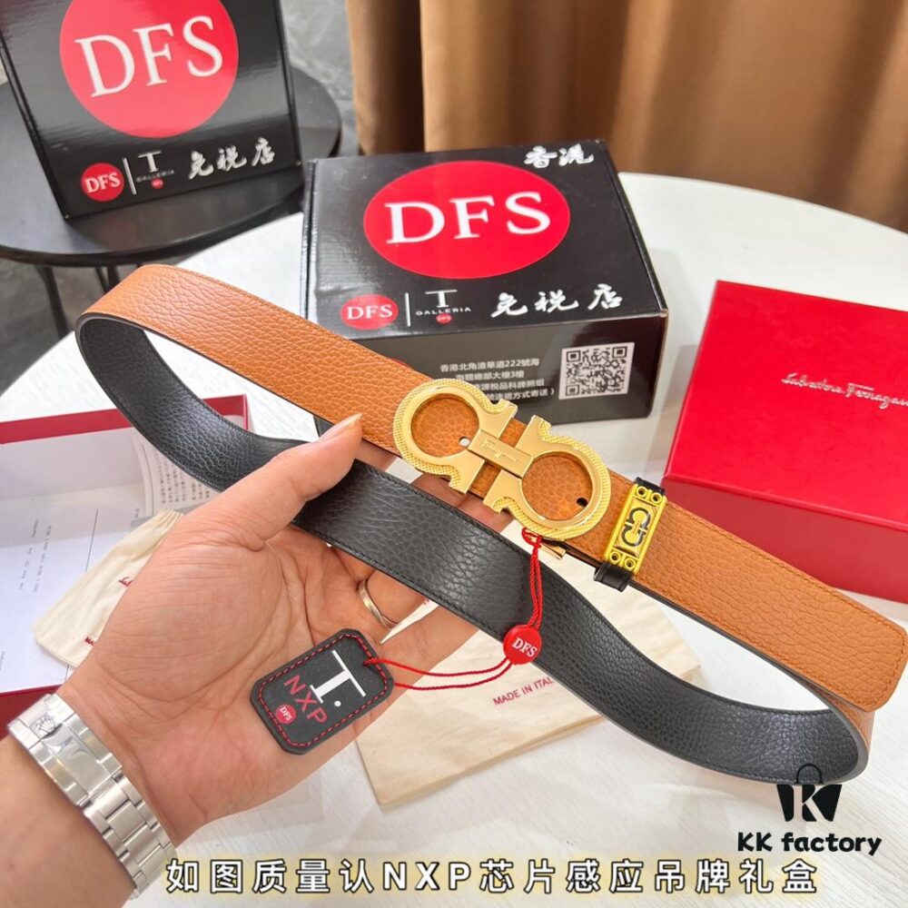 Ferragamo Men's Belt, Genuine First-Layer Calfskin with Crocodile Texture, Reversible Design, 3.5cm Width, Octagonal Stainless Steel Hardware, Adjustable Length, Ideal Gift Choice