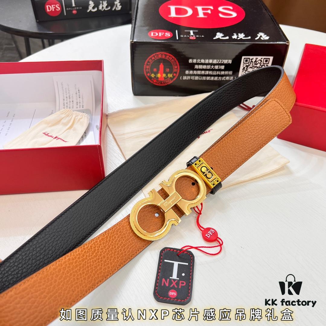 Ferragamo Men's Belt, Genuine First-Layer Calfskin with Crocodile Texture, Reversible Design, 3.5cm Width, Octagonal Stainless Steel Hardware, Adjustable Length, Ideal Gift Choice