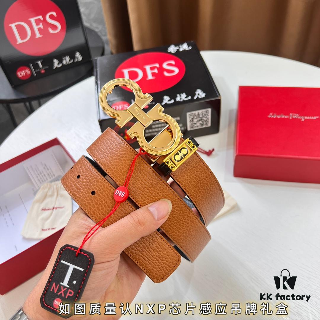 Ferragamo Men's Belt, Genuine First-Layer Calfskin with Crocodile Texture, Reversible Design, 3.5cm Width, Octagonal Stainless Steel Hardware, Adjustable Length, Ideal Gift Choice