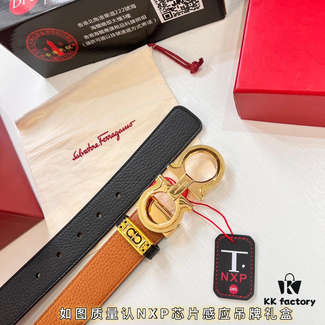 Ferragamo Men's Belt, Genuine First-Layer Calfskin with Crocodile Texture, Reversible Design, 3.5cm Width, Octagonal Stainless Steel Hardware, Adjustable Length, Ideal Gift Choice