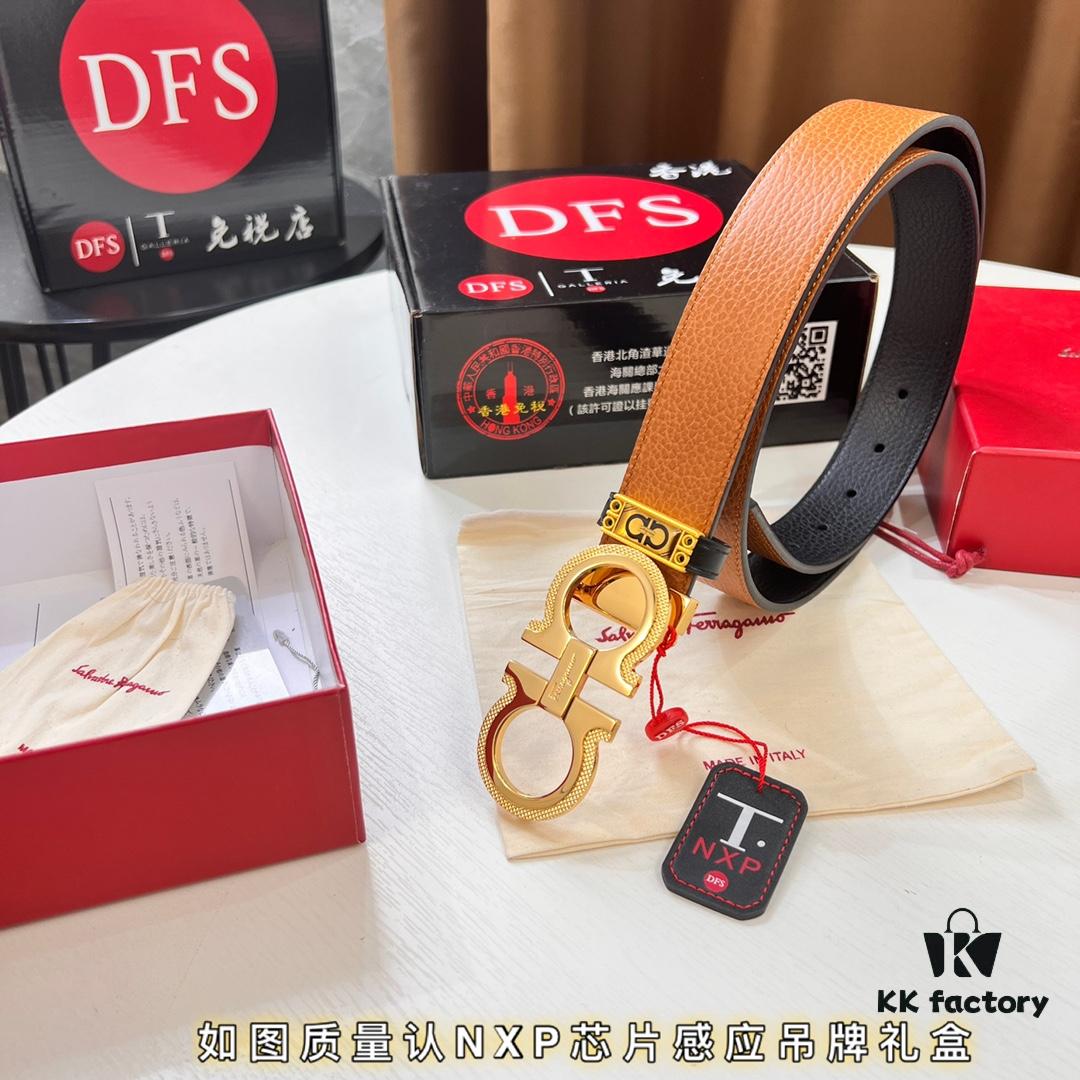 Ferragamo Men's Belt, Genuine First-Layer Calfskin with Crocodile Texture, Reversible Design, 3.5cm Width, Octagonal Stainless Steel Hardware, Adjustable Length, Ideal Gift Choice