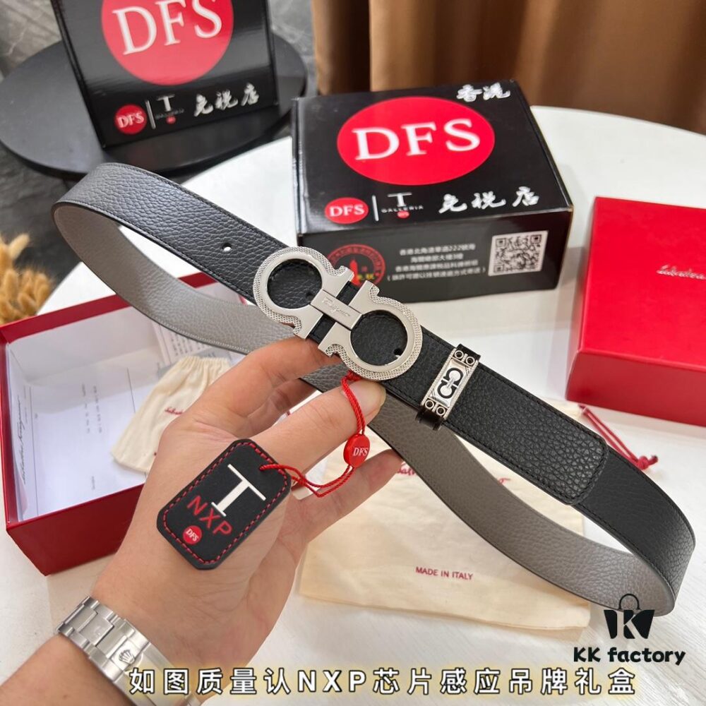 Ferragamo Men's Belt, Genuine First-Layer Calfskin with Crocodile Texture, Reversible Design, 3.5cm Width, Stainless Steel Buckle, Adjustable Length