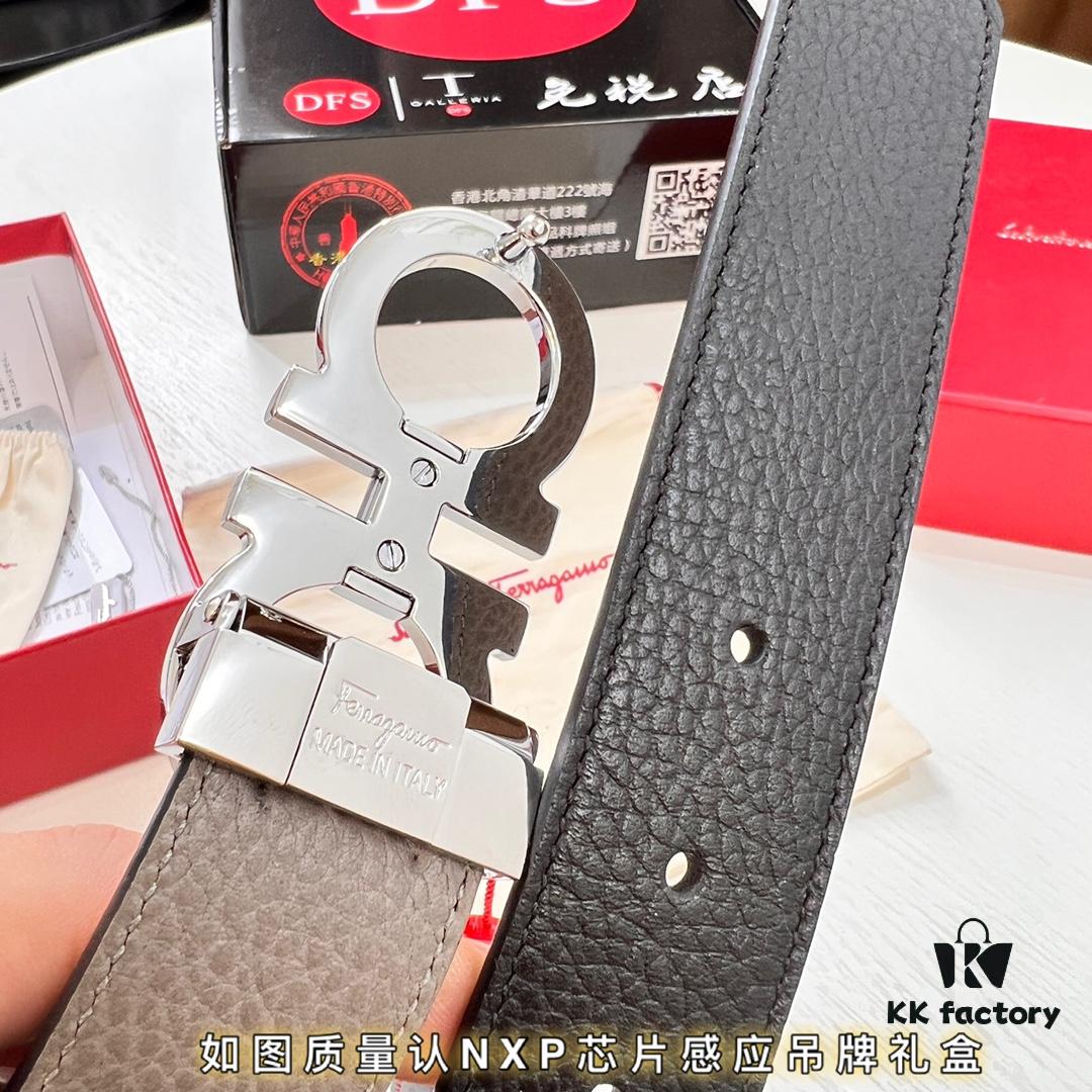 Ferragamo Men's Belt, Genuine First-Layer Calfskin with Crocodile Texture, Reversible Design, 3.5cm Width, Stainless Steel Buckle, Adjustable Length