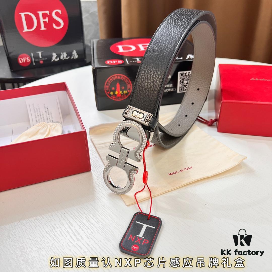 Ferragamo Men's Belt, Genuine First-Layer Calfskin with Crocodile Texture, Reversible Design, 3.5cm Width, Stainless Steel Buckle, Adjustable Length