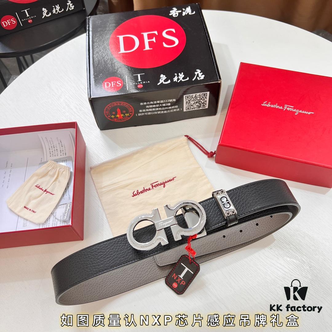 Ferragamo Men's Belt, Genuine First-Layer Calfskin with Crocodile Texture, Reversible Design, 3.5cm Width, Stainless Steel Buckle, Adjustable Length