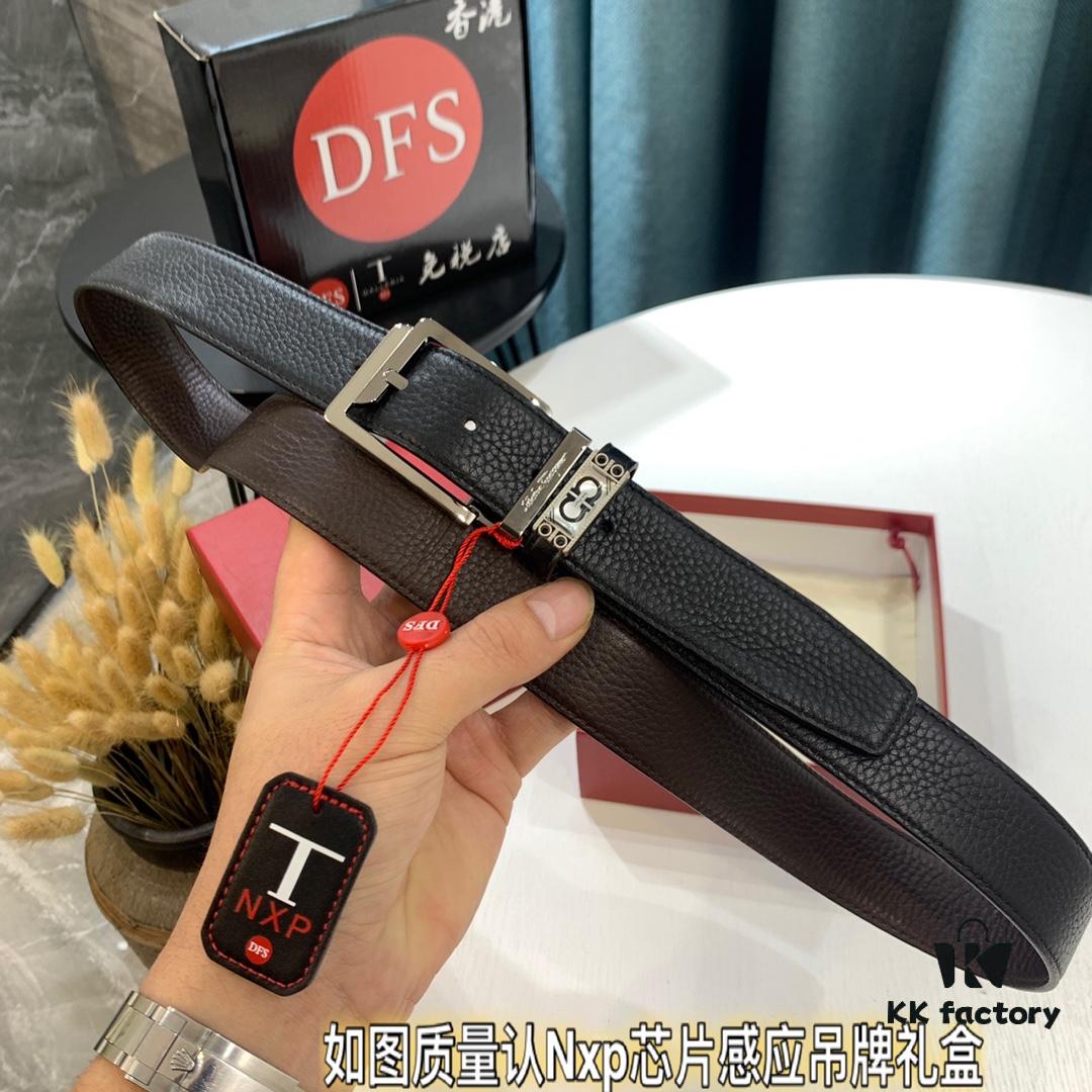 Shop Owner Recommended - Ferragamo Men's Belt, Genuine Imported Full-Grain Calf Leather with Dual-Side Wear, 3.5cm Width, Stainless Steel Hardware, Adjustable Length