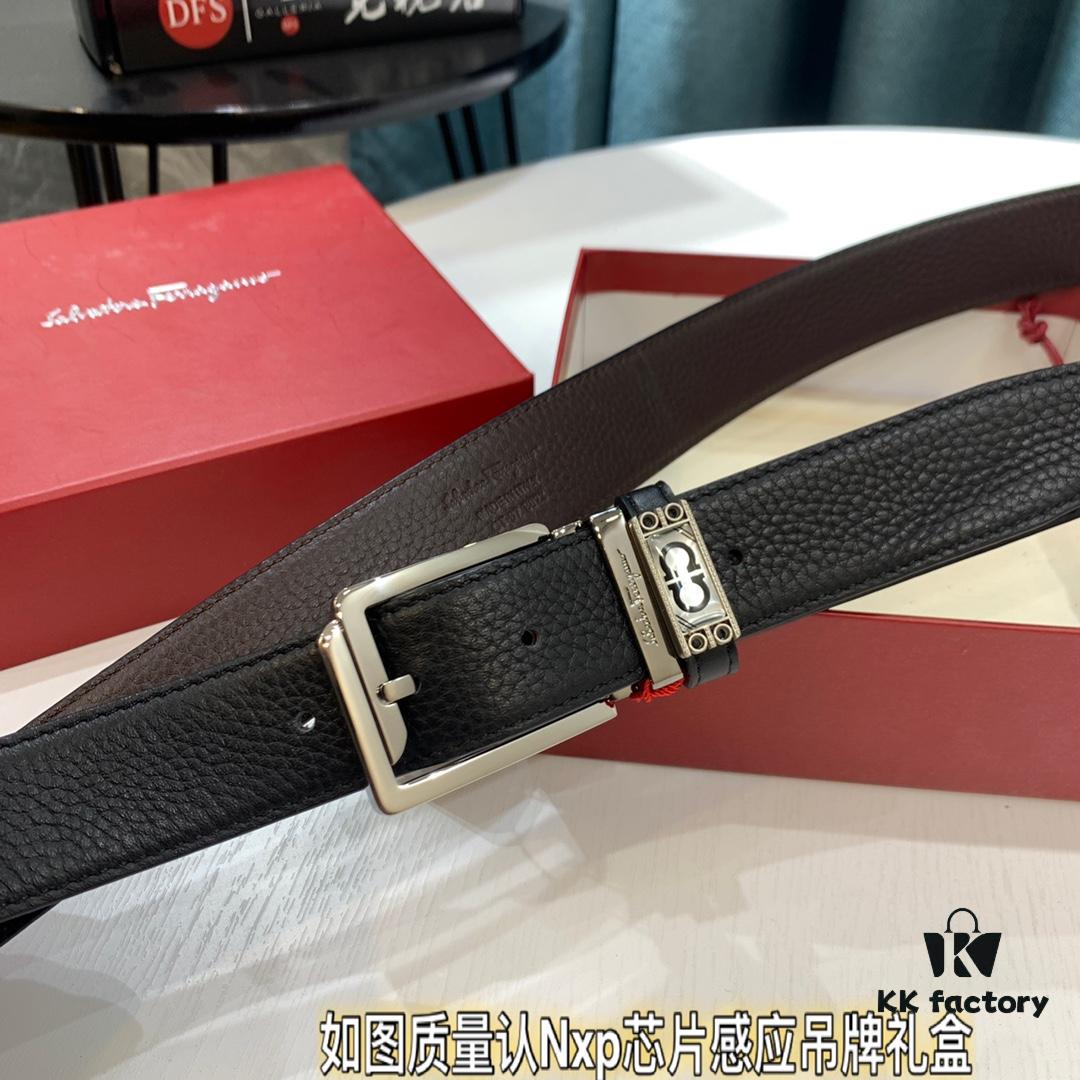 Shop Owner Recommended - Ferragamo Men's Belt, Genuine Imported Full-Grain Calf Leather with Dual-Side Wear, 3.5cm Width, Stainless Steel Hardware, Adjustable Length