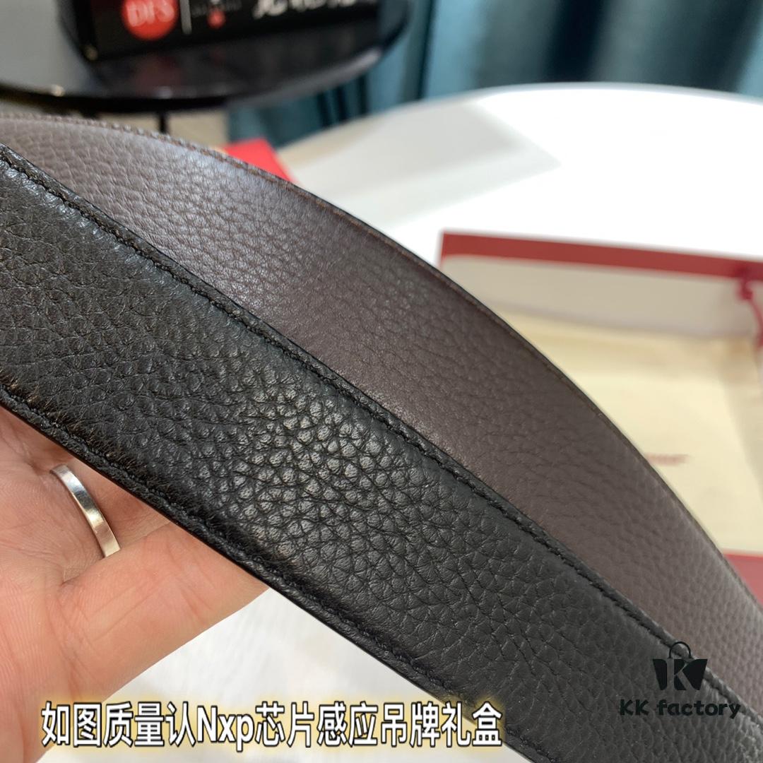 Shop Owner Recommended - Ferragamo Men's Belt, Genuine Imported Full-Grain Calf Leather with Dual-Side Wear, 3.5cm Width, Stainless Steel Hardware, Adjustable Length