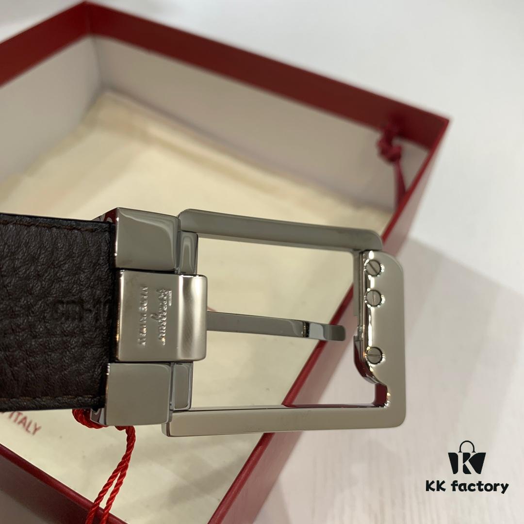 Shop Owner Recommended - Ferragamo Men's Belt, Genuine Imported Full-Grain Calf Leather with Dual-Side Wear, 3.5cm Width, Stainless Steel Hardware, Adjustable Length