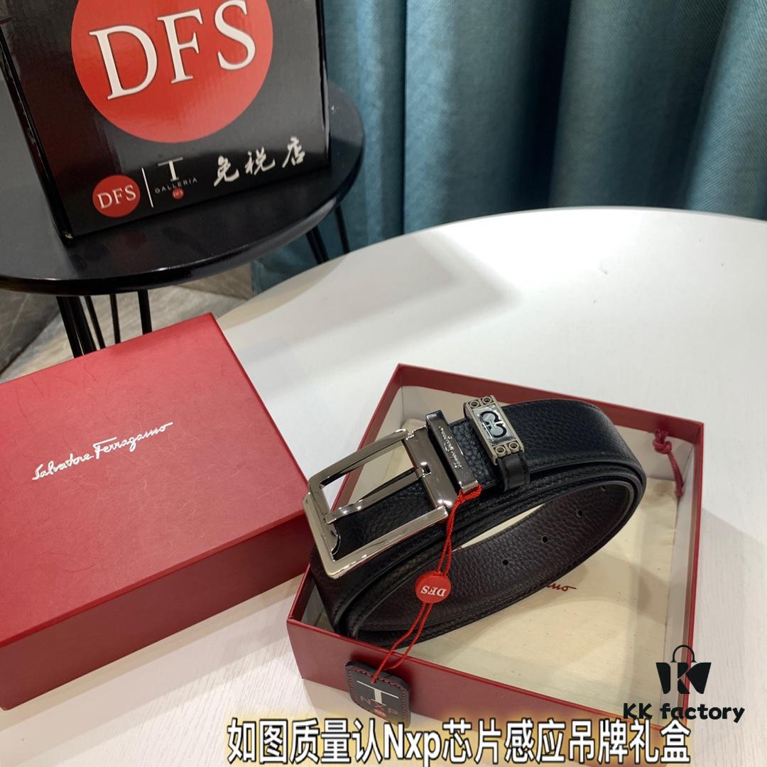 Shop Owner Recommended - Ferragamo Men's Belt, Genuine Imported Full-Grain Calf Leather with Dual-Side Wear, 3.5cm Width, Stainless Steel Hardware, Adjustable Length