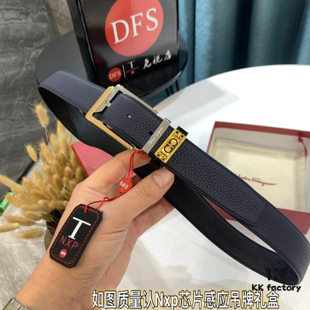Shop Owner Recommended: Ferragamo Men's Belt, Genuine Imported Full-Grain Calf Leather, Reversible Design, 3.5cm Width, Octagonal Stainless Steel Hardware