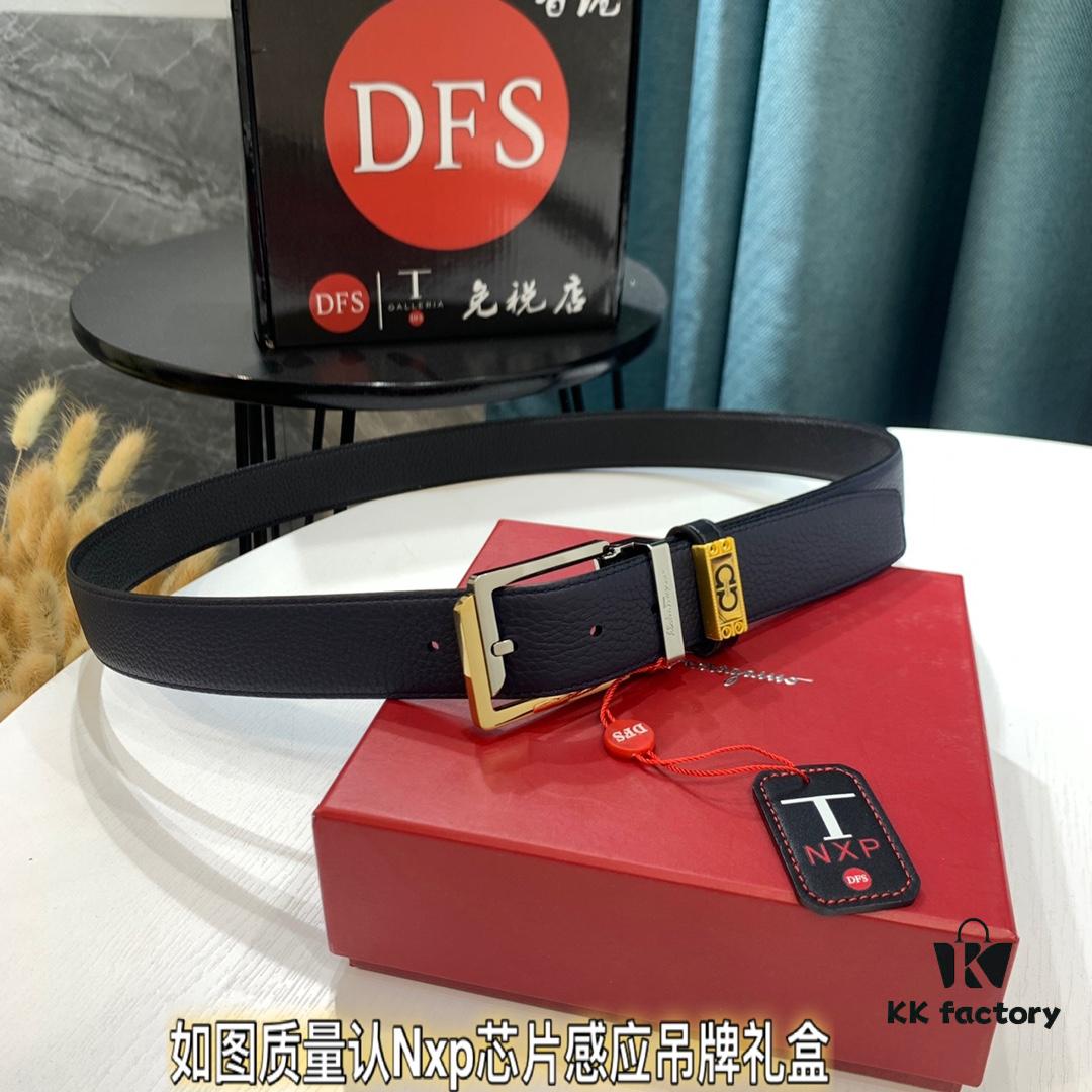 Shop Owner Recommended: Ferragamo Men's Belt, Genuine Imported Full-Grain Calf Leather, Reversible Design, 3.5cm Width, Octagonal Stainless Steel Hardware
