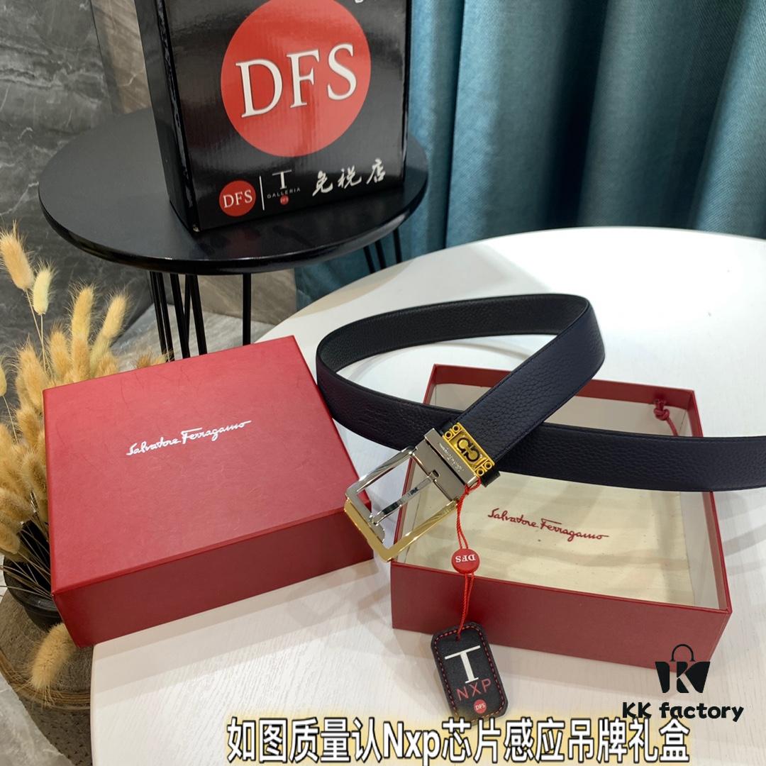 Shop Owner Recommended: Ferragamo Men's Belt, Genuine Imported Full-Grain Calf Leather, Reversible Design, 3.5cm Width, Octagonal Stainless Steel Hardware