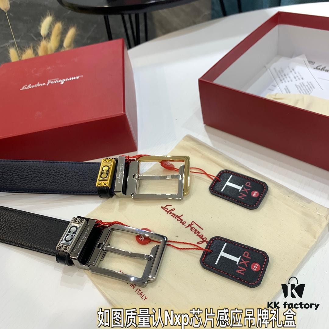 Shop Owner Recommended: Ferragamo Men's Belt, Genuine Imported Full-Grain Calf Leather, Reversible Design, 3.5cm Width, Octagonal Stainless Steel Hardware