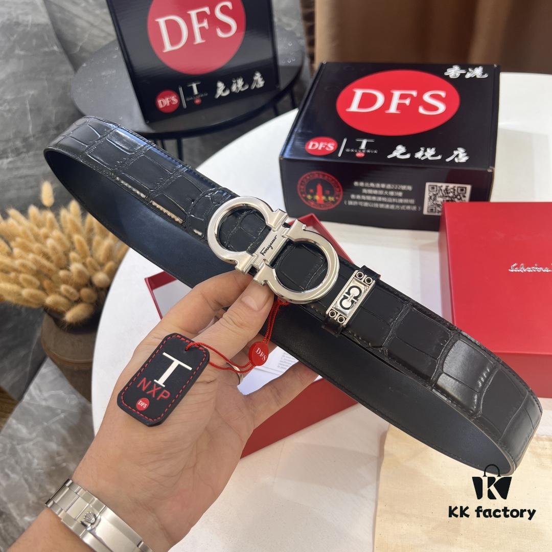 Top-Grade Salvatore Ferragamo Belt, Hong Kong Duty-Free Gift Box, Original 8-Shaped Hardware, Full-Grain Crocodile-Texture Calfskin Leather, German Manufactured