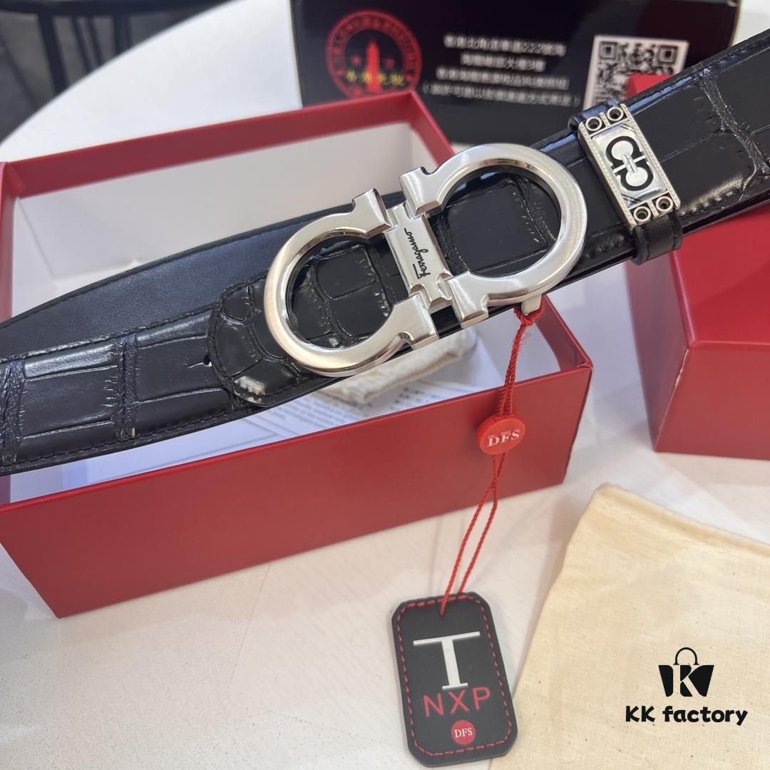 Top-Grade Salvatore Ferragamo Belt, Hong Kong Duty-Free Gift Box, Original 8-Shaped Hardware, Full-Grain Crocodile-Texture Calfskin Leather, German Manufactured