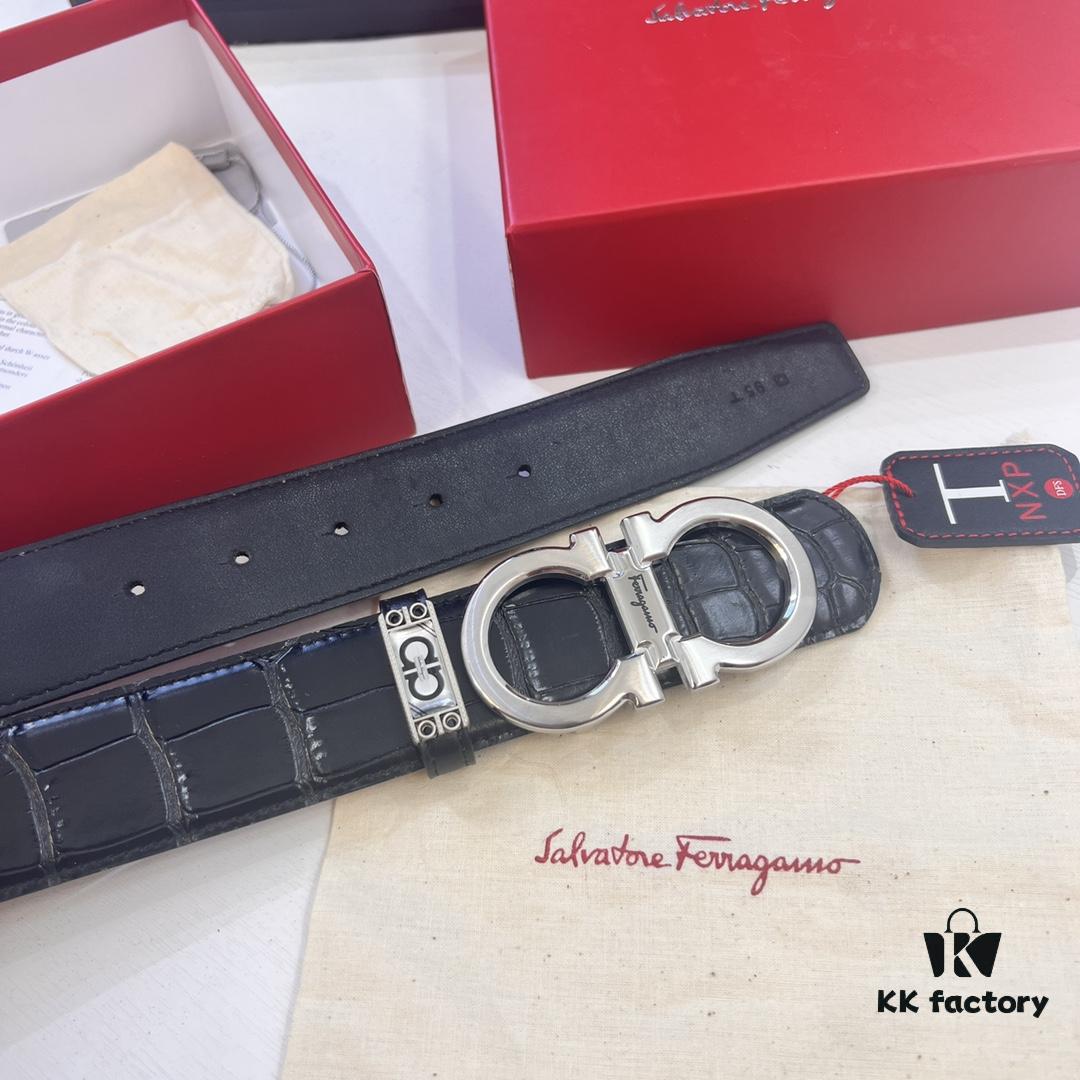 Top-Grade Salvatore Ferragamo Belt, Hong Kong Duty-Free Gift Box, Original 8-Shaped Hardware, Full-Grain Crocodile-Texture Calfskin Leather, German Manufactured