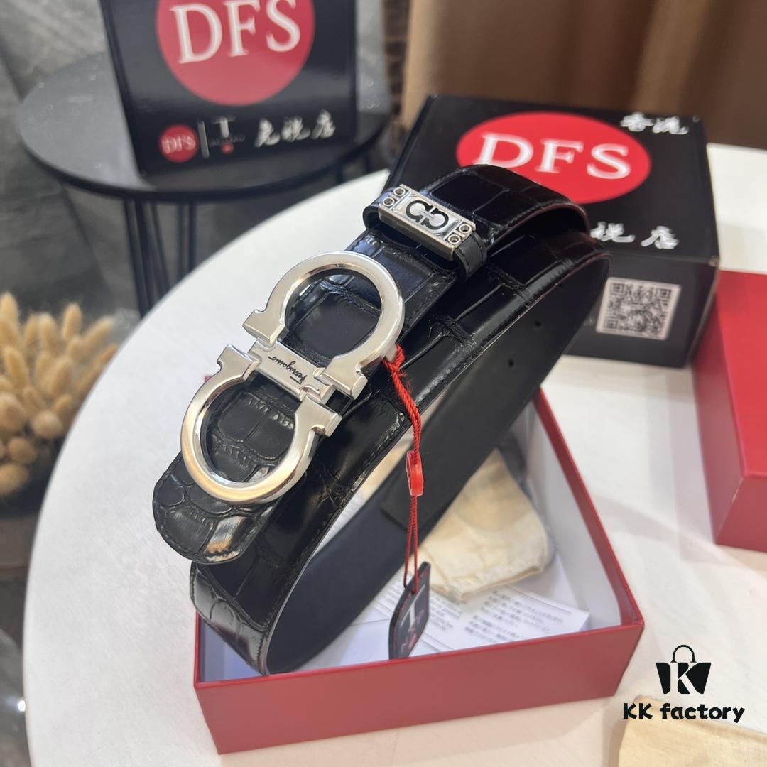 Top-Grade Salvatore Ferragamo Belt, Hong Kong Duty-Free Gift Box, Original 8-Shaped Hardware, Full-Grain Crocodile-Texture Calfskin Leather, German Manufactured