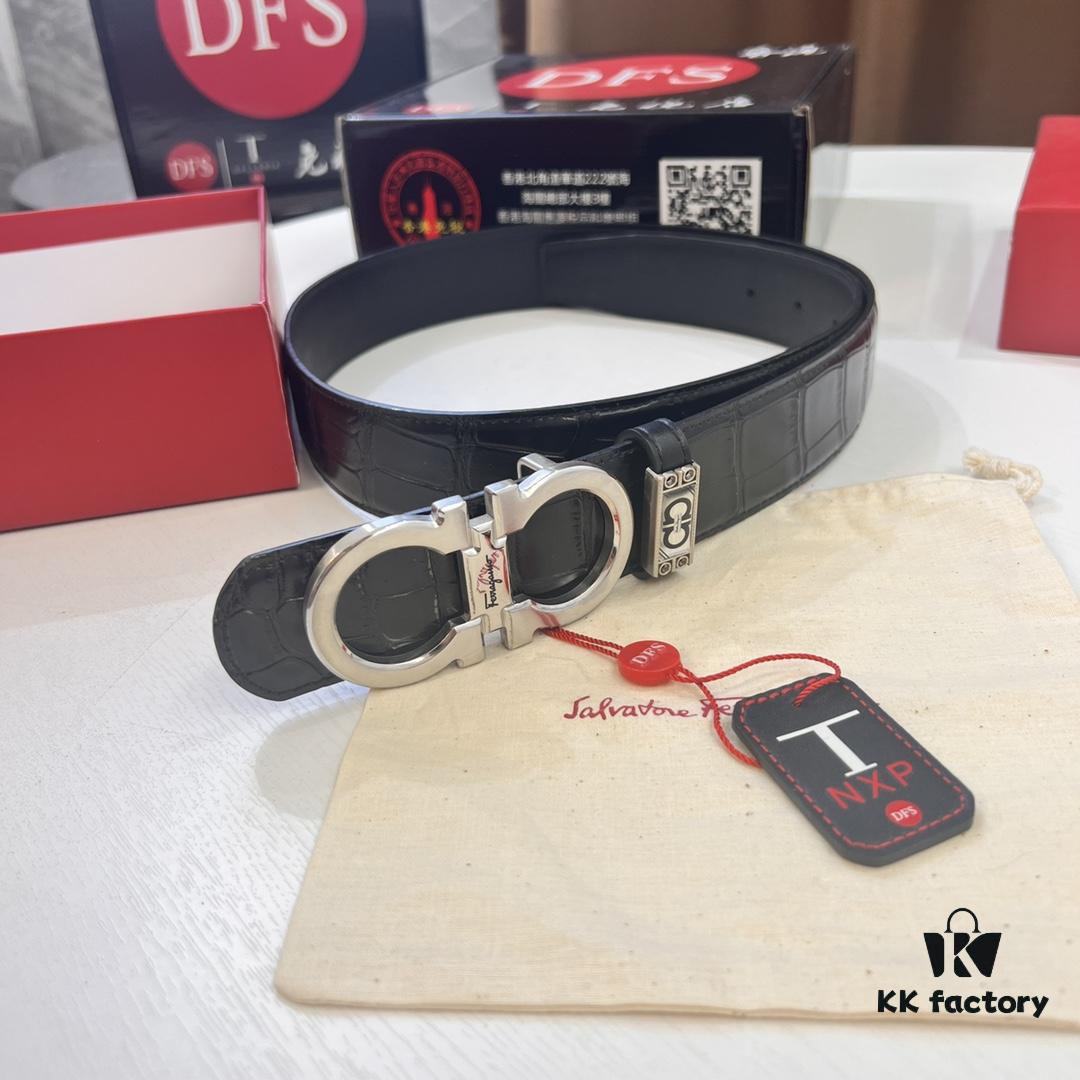 Top-Grade Salvatore Ferragamo Belt, Hong Kong Duty-Free Gift Box, Original 8-Shaped Hardware, Full-Grain Crocodile-Texture Calfskin Leather, German Manufactured