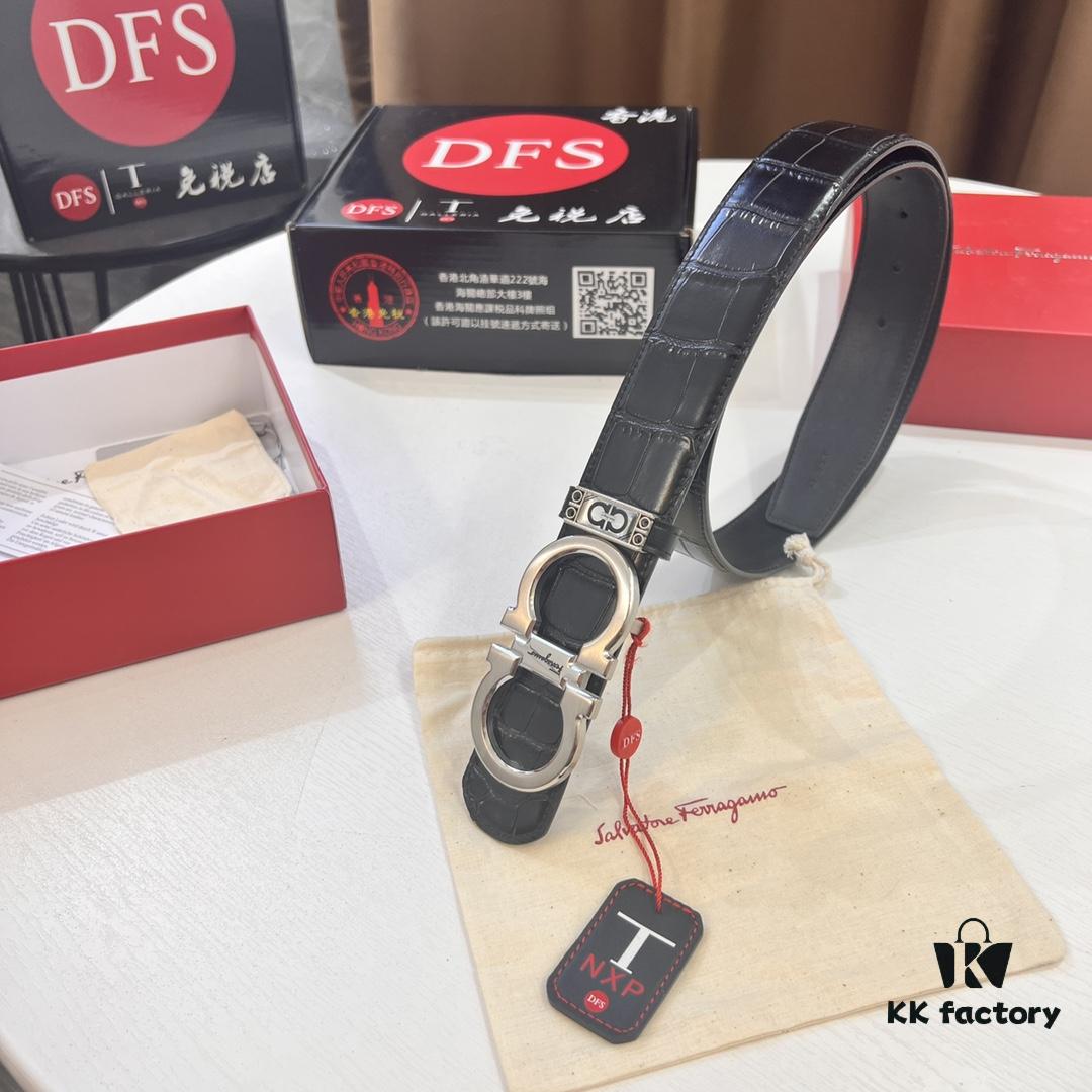 Top-Grade Salvatore Ferragamo Belt, Hong Kong Duty-Free Gift Box, Original 8-Shaped Hardware, Full-Grain Crocodile-Texture Calfskin Leather, German Manufactured