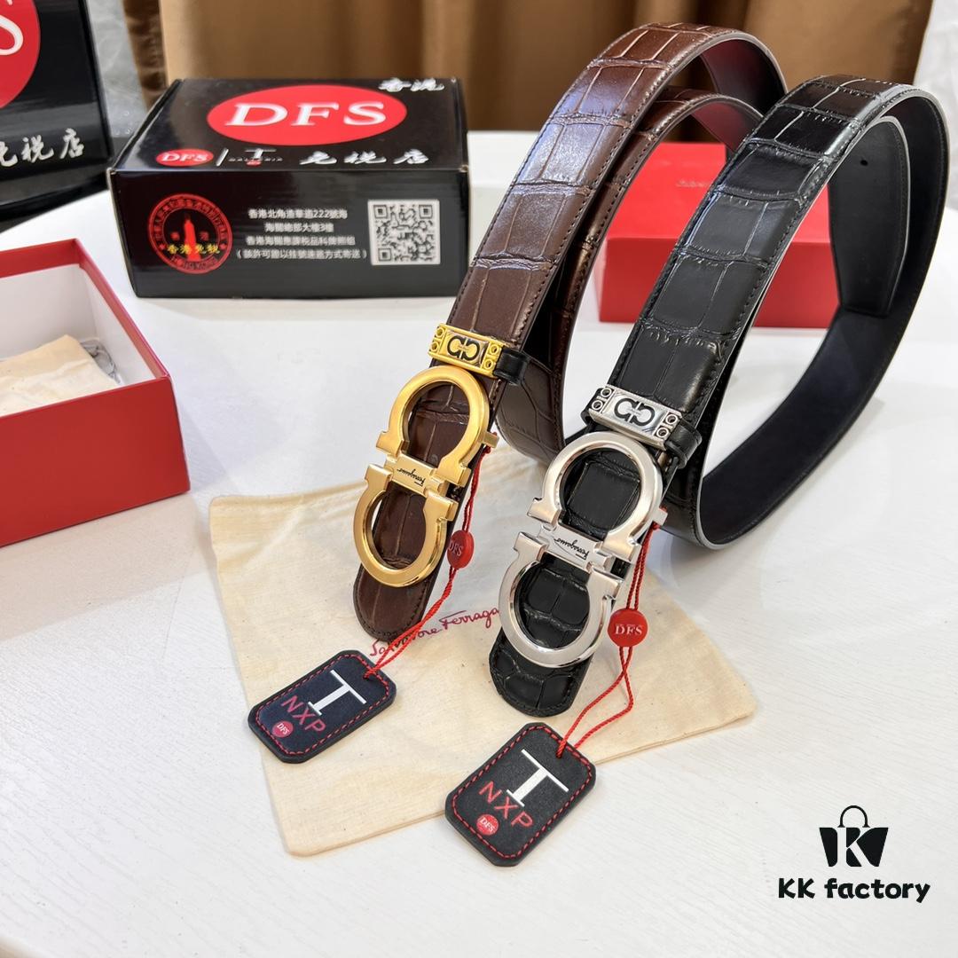 Top-Grade Salvatore Ferragamo Belt, Hong Kong Duty-Free Gift Box, Original 8-Shaped Hardware, Full-Grain Crocodile-Texture Calfskin Leather, German Manufactured