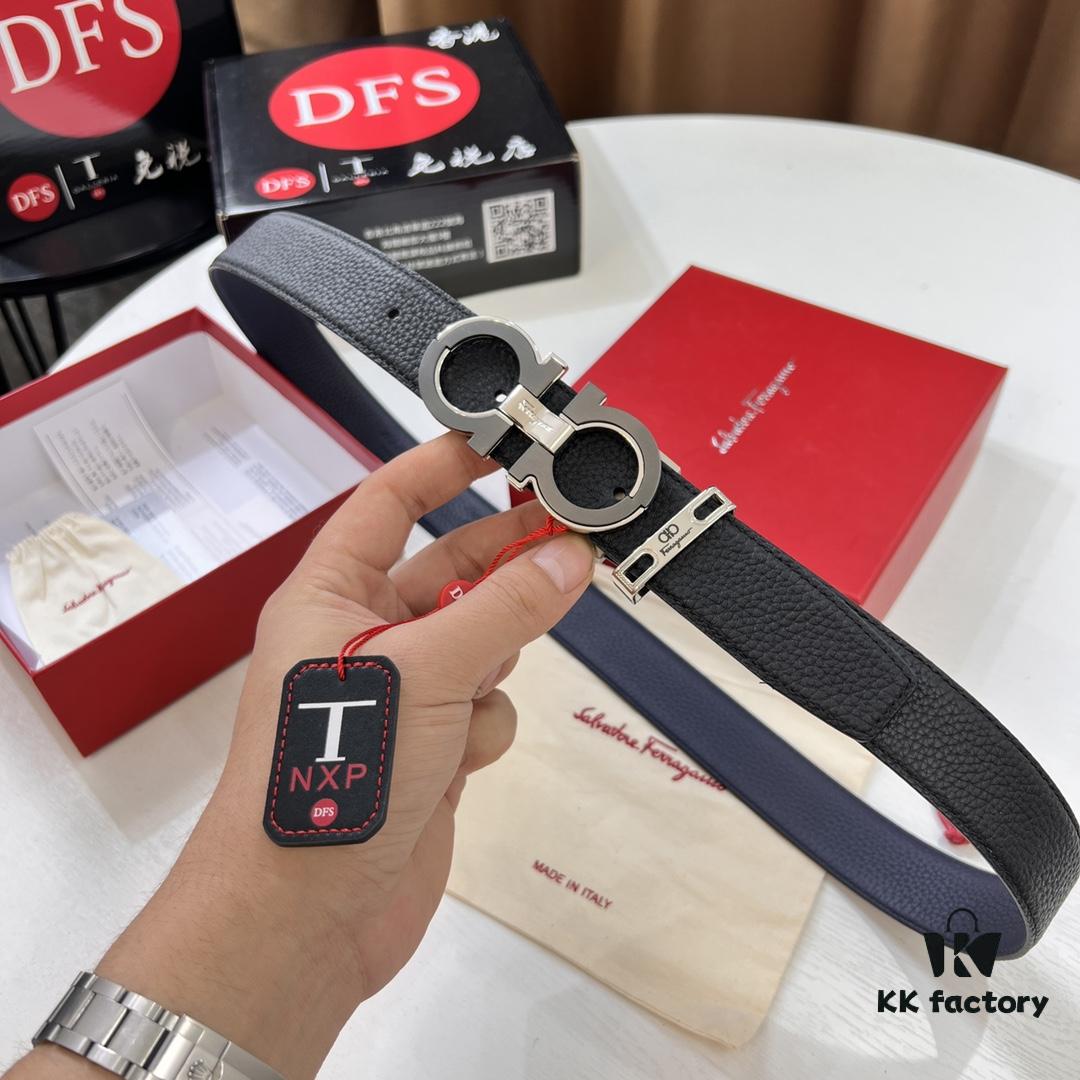 Ferragamo Men's Belt, Genuine First-Layer Calfskin with Crocodile Texture, Reversible Design, 3.5cm Width, Stainless Steel Hardware, Adjustable Length