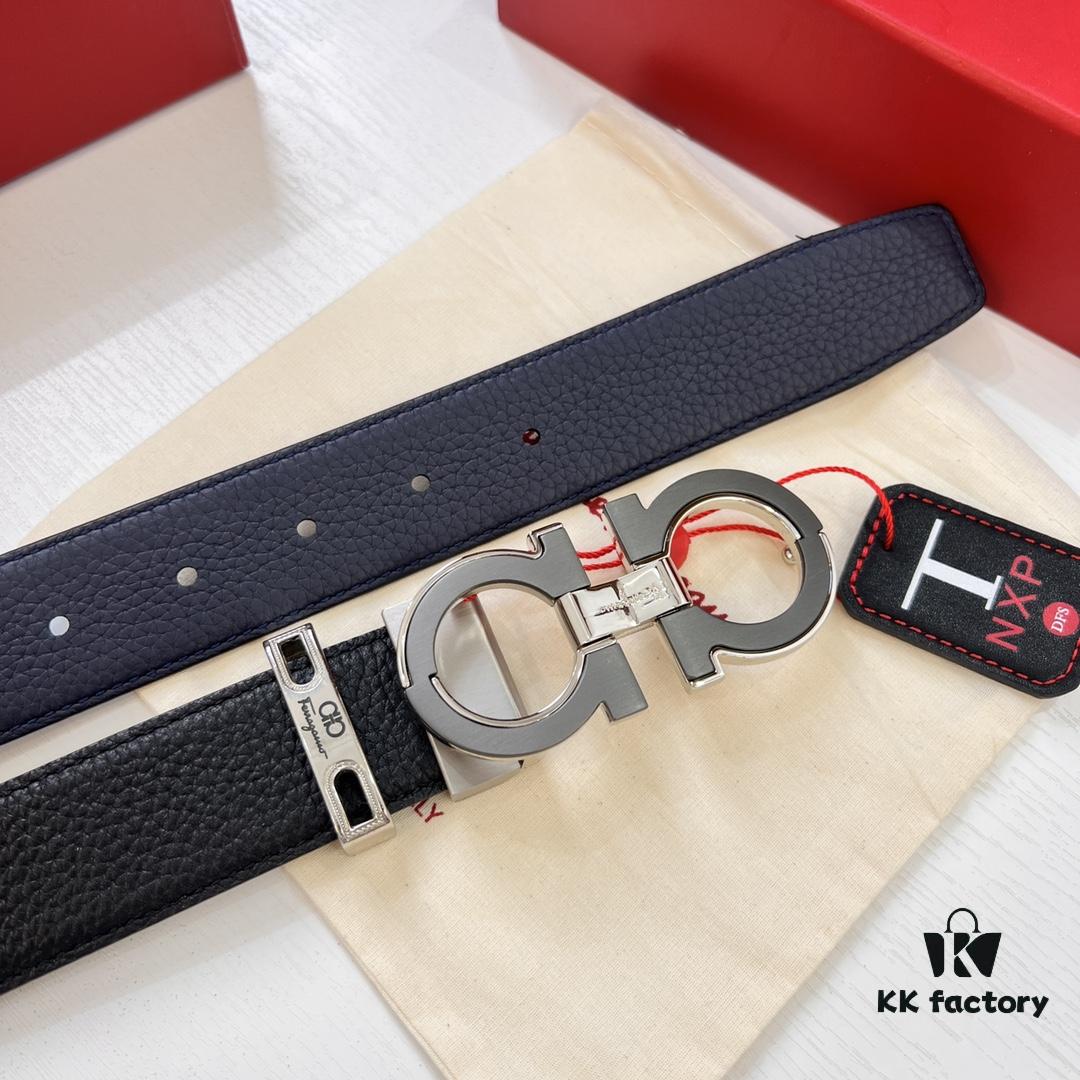 Ferragamo Men's Belt, Genuine First-Layer Calfskin with Crocodile Texture, Reversible Design, 3.5cm Width, Stainless Steel Hardware, Adjustable Length