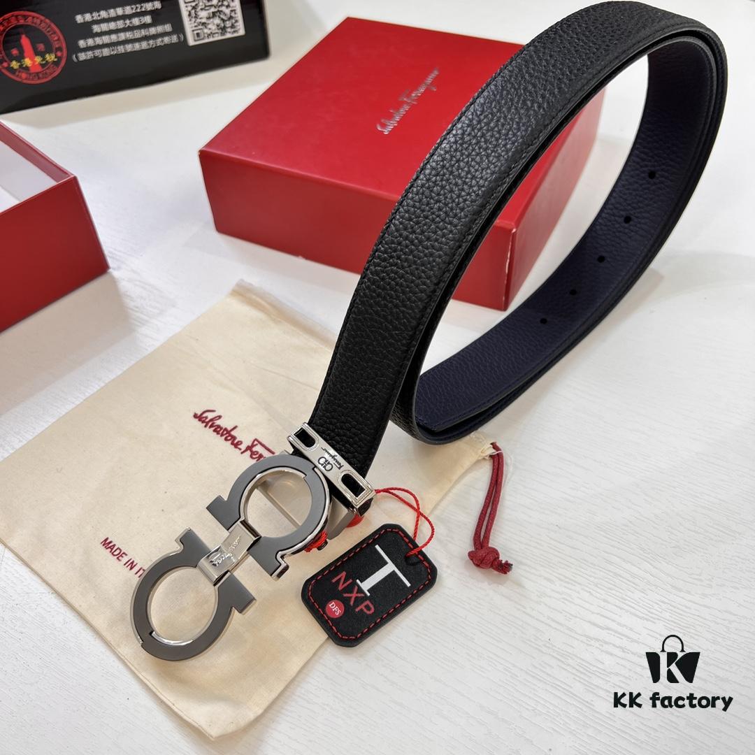 Ferragamo Men's Belt, Genuine First-Layer Calfskin with Crocodile Texture, Reversible Design, 3.5cm Width, Stainless Steel Hardware, Adjustable Length