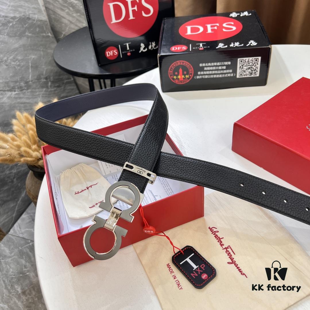 Ferragamo Men's Belt, Genuine First-Layer Calfskin with Crocodile Texture, Reversible Design, 3.5cm Width, Stainless Steel Hardware, Adjustable Length