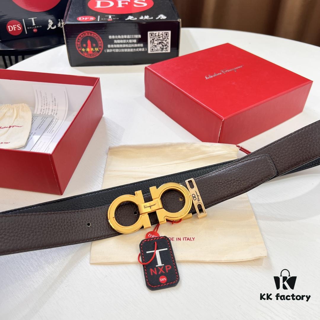 Salvatore Ferragamo Men's Belt, Genuine First-Layer Calfskin with Woven Texture, Reversible Design, 3.5cm Width, Stainless Steel Buckle, Adjustable Length