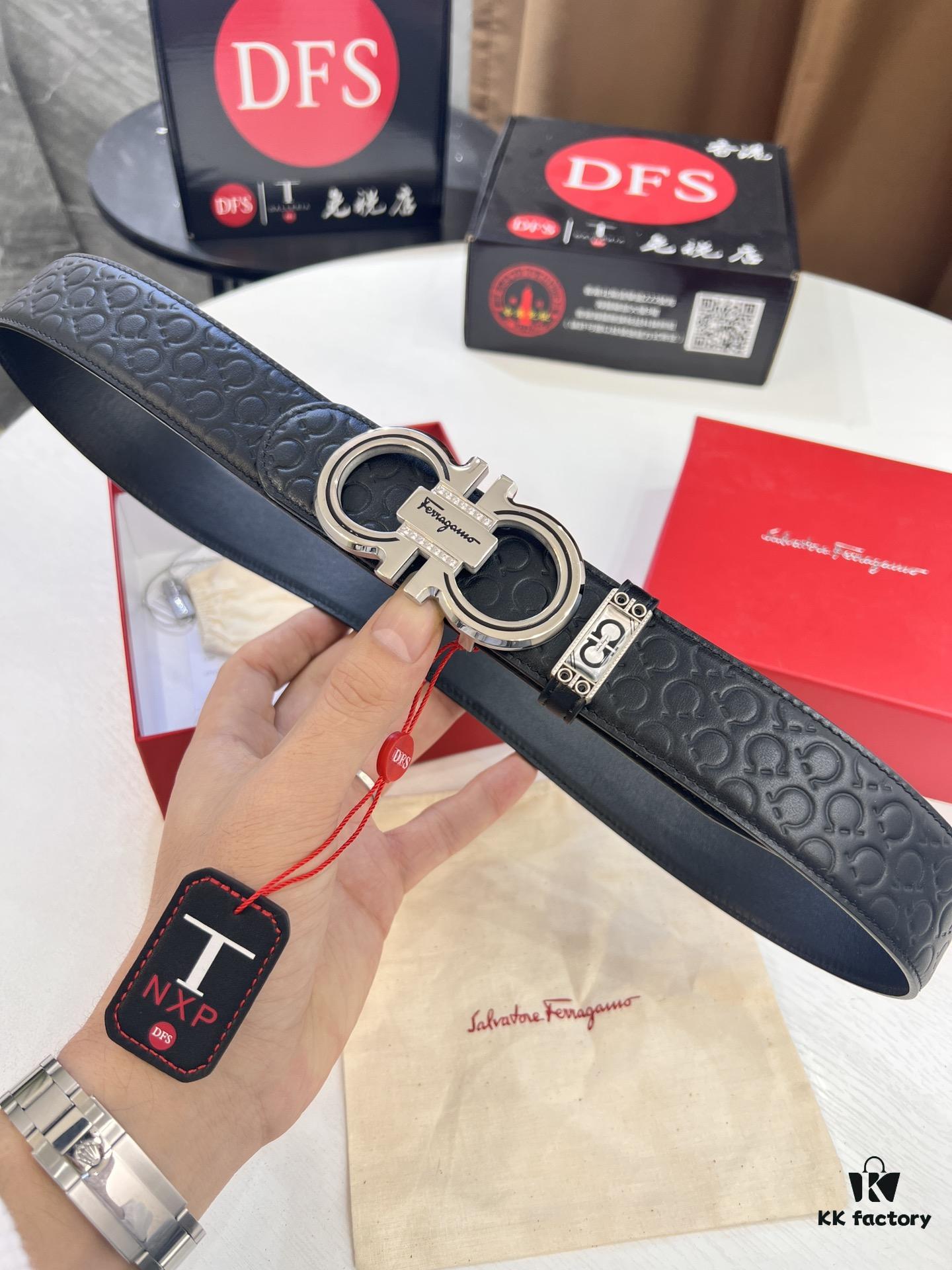 Top-tier Salvatore Ferragamo Belt, Hong Kong Duty-Free T Gift Box, Anti-Counterfeit QR Code Authentication, New '8' Shaped Original Hardware, Precision Craftsmanship, Genuine Logo Steel Stamp, Imported Embossed Top-Grain Calfskin from German OEM Manufacturer
