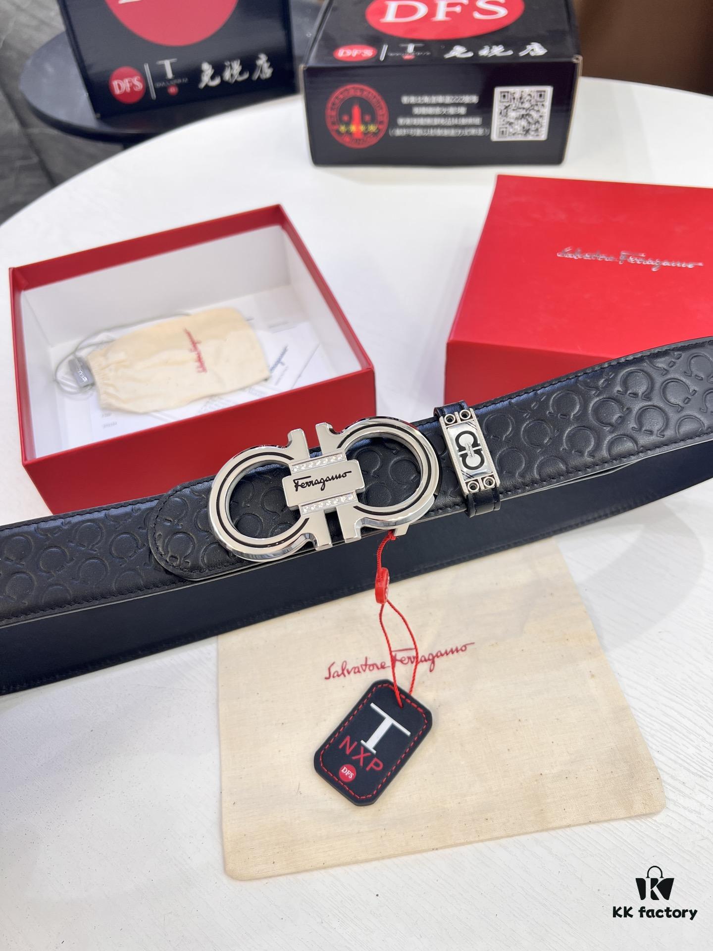Top-tier Salvatore Ferragamo Belt, Hong Kong Duty-Free T Gift Box, Anti-Counterfeit QR Code Authentication, New '8' Shaped Original Hardware, Precision Craftsmanship, Genuine Logo Steel Stamp, Imported Embossed Top-Grain Calfskin from German OEM Manufacturer