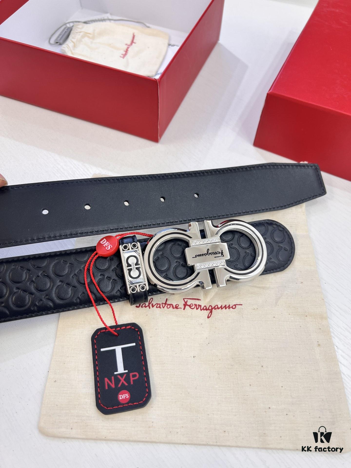 Top-tier Salvatore Ferragamo Belt, Hong Kong Duty-Free T Gift Box, Anti-Counterfeit QR Code Authentication, New '8' Shaped Original Hardware, Precision Craftsmanship, Genuine Logo Steel Stamp, Imported Embossed Top-Grain Calfskin from German OEM Manufacturer