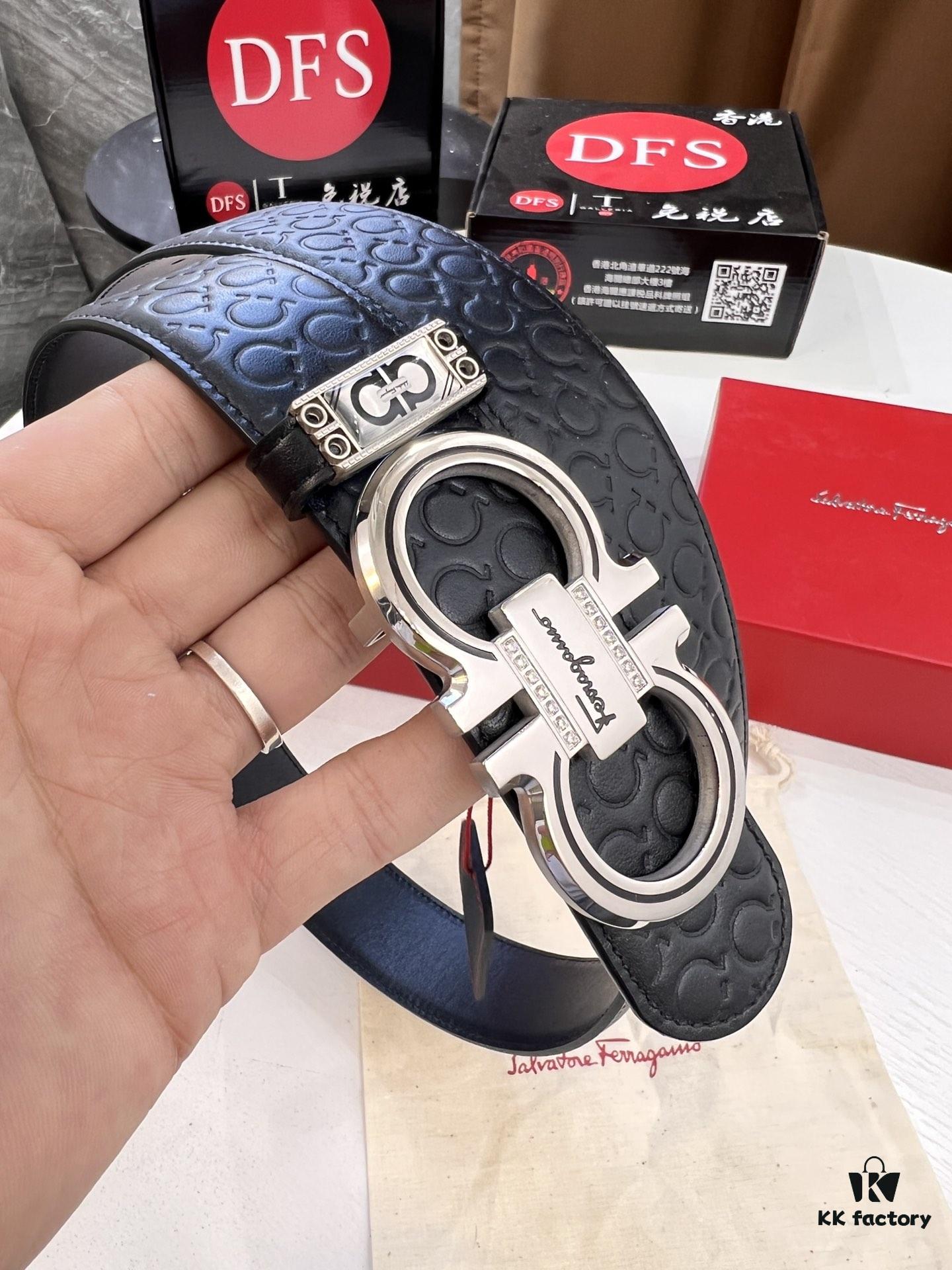 Top-tier Salvatore Ferragamo Belt, Hong Kong Duty-Free T Gift Box, Anti-Counterfeit QR Code Authentication, New '8' Shaped Original Hardware, Precision Craftsmanship, Genuine Logo Steel Stamp, Imported Embossed Top-Grain Calfskin from German OEM Manufacturer