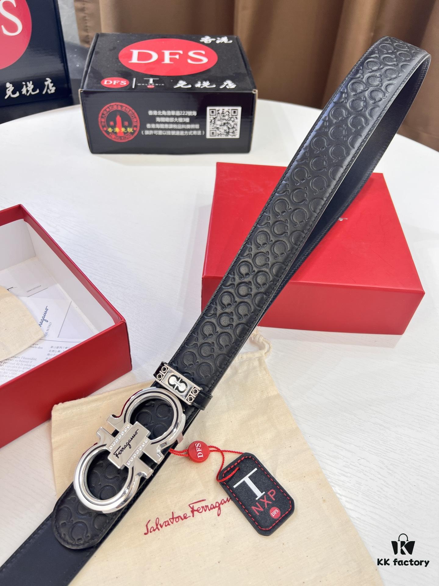 Top-tier Salvatore Ferragamo Belt, Hong Kong Duty-Free T Gift Box, Anti-Counterfeit QR Code Authentication, New '8' Shaped Original Hardware, Precision Craftsmanship, Genuine Logo Steel Stamp, Imported Embossed Top-Grain Calfskin from German OEM Manufacturer