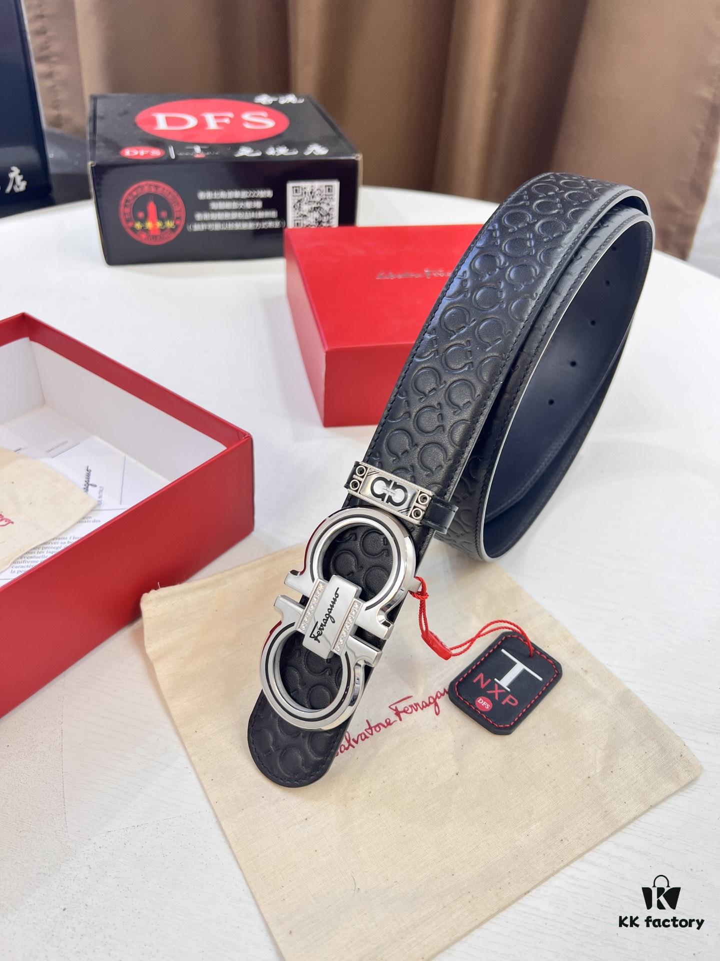 Top-tier Salvatore Ferragamo Belt, Hong Kong Duty-Free T Gift Box, Anti-Counterfeit QR Code Authentication, New '8' Shaped Original Hardware, Precision Craftsmanship, Genuine Logo Steel Stamp, Imported Embossed Top-Grain Calfskin from German OEM Manufacturer