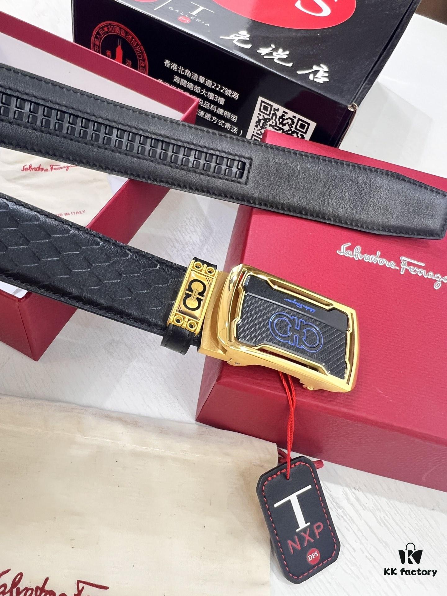 Salvatore Ferragamo Men's Automatic Belt, Top-Quality Genuine Leather with Steel Hardware, 3.5cm Width, '8' Patterned Full-Grain Leather, Imported